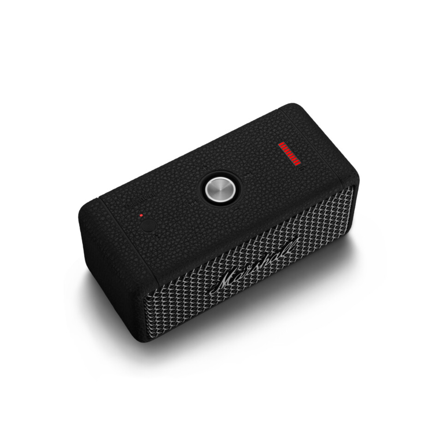 Black Marshall speaker. The speaker has a silver button and a red label. White background.