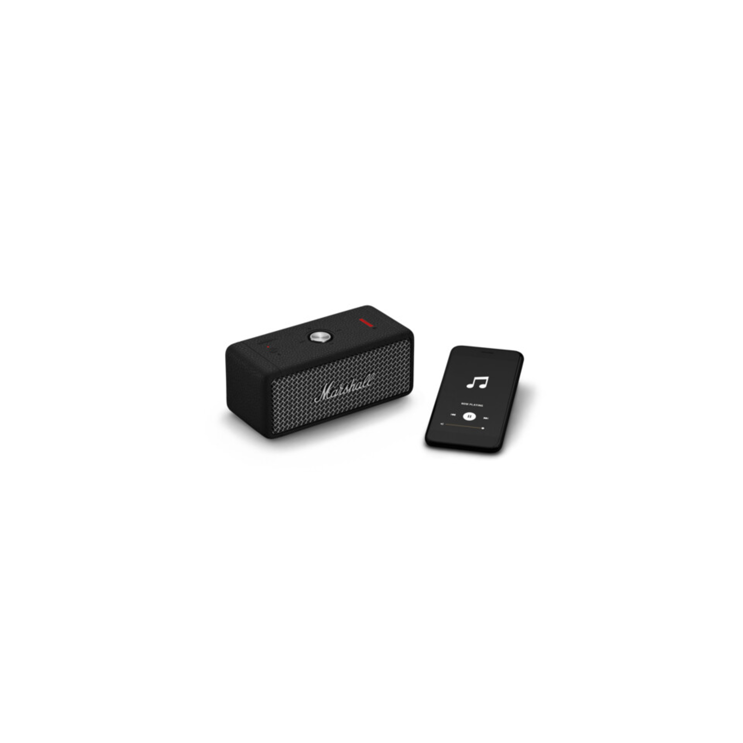 Black Marshall speaker with a black phone displaying a music note. The speaker is rectangular.