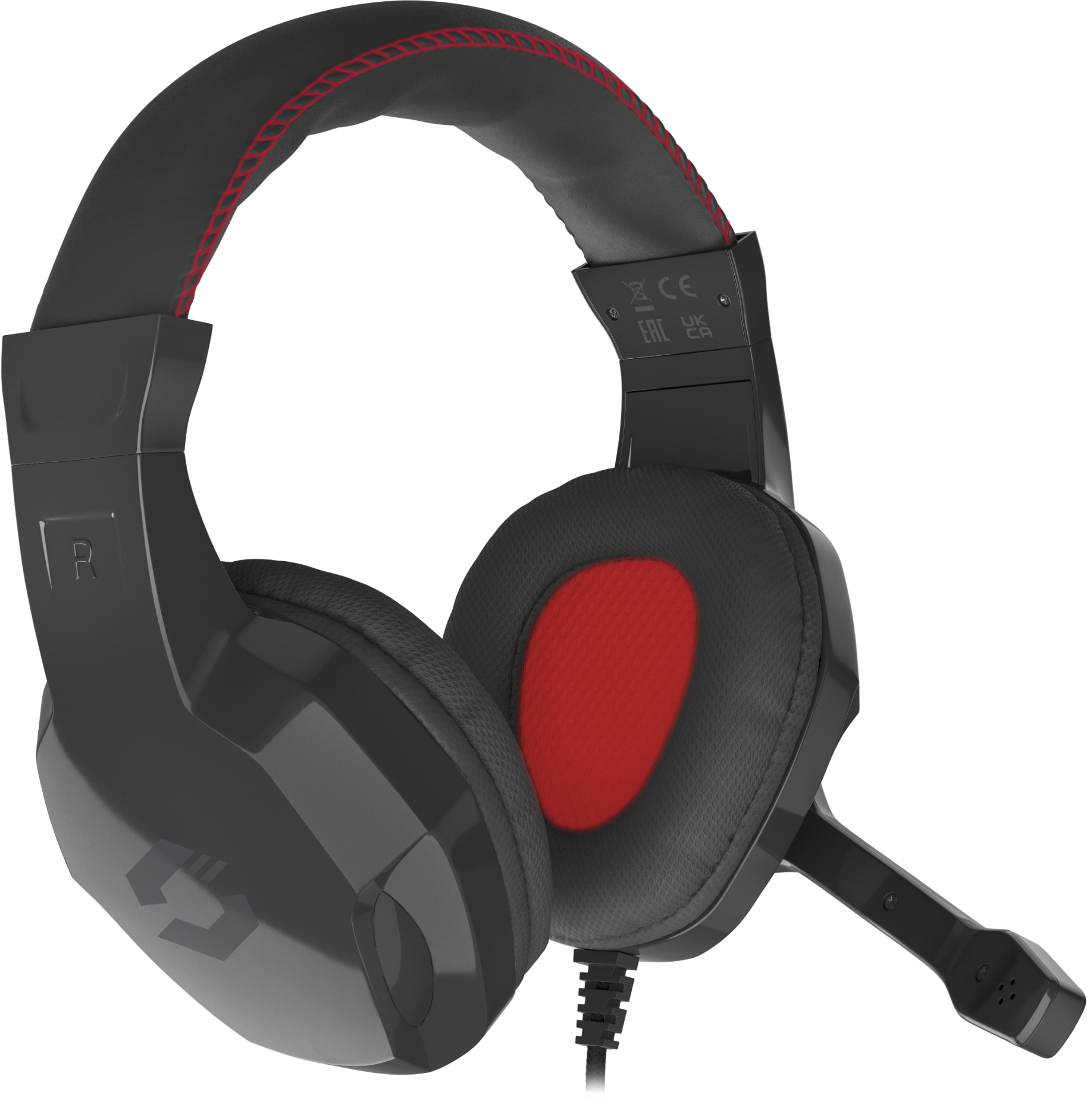 Egy fekete gamer fejhallgató piros díszítéssel és mikrofonnal.
