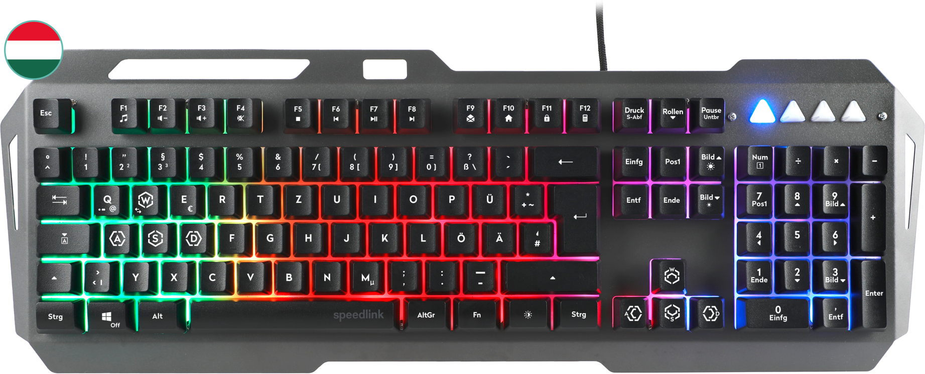 RGB-vel megvilágított gamer billentyűzet, színes billentyűkkel és magyar zászló szimbólummal.