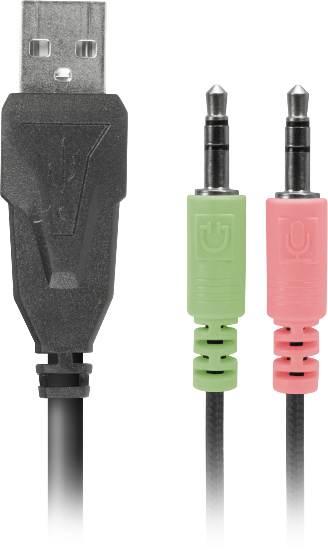 Egy USB- 3,5 mm-es audiokábel. Egy USB-vég és két 3,5 mm-es audiocsatlakozó, zöld és rózsaszín.
