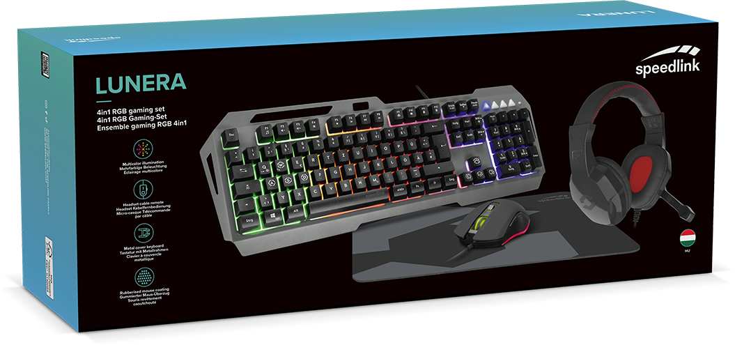 Dobozos szett gamer billentyűzettel, egérrel, egérpaddal és fejhallgatóval, egy dobozban.