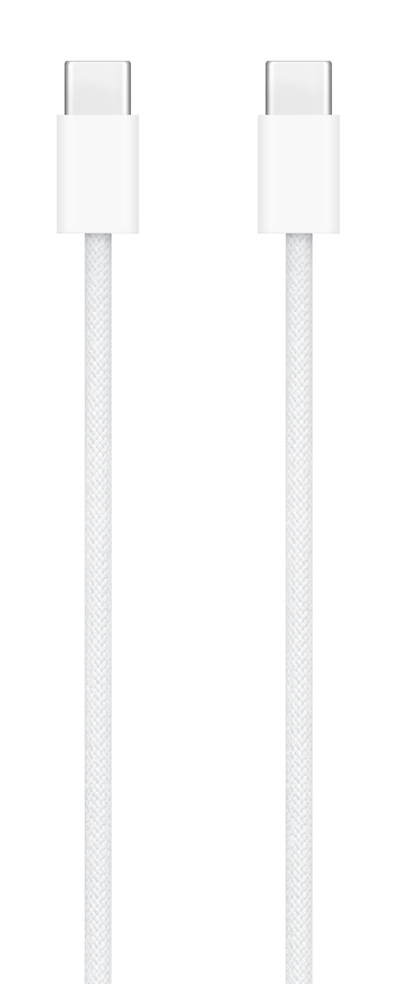Biały kabel ładujący USB-C. Dwa białe złącza z białym plecionym kablem.