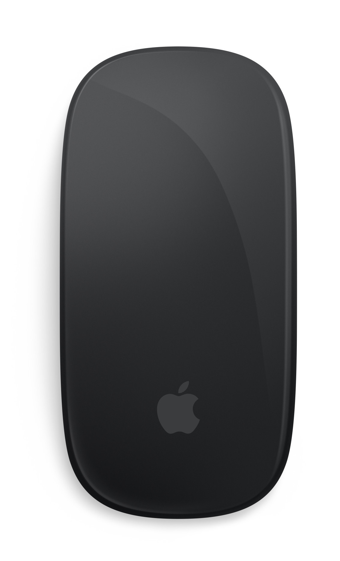 Czarna mysz Apple Magic Mouse, widok z góry. Logo Apple jest widoczne. Białe tło.