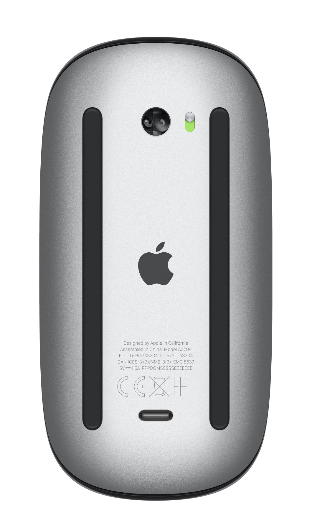 Mysz Apple Magic, widok od spodu, z logo Apple.