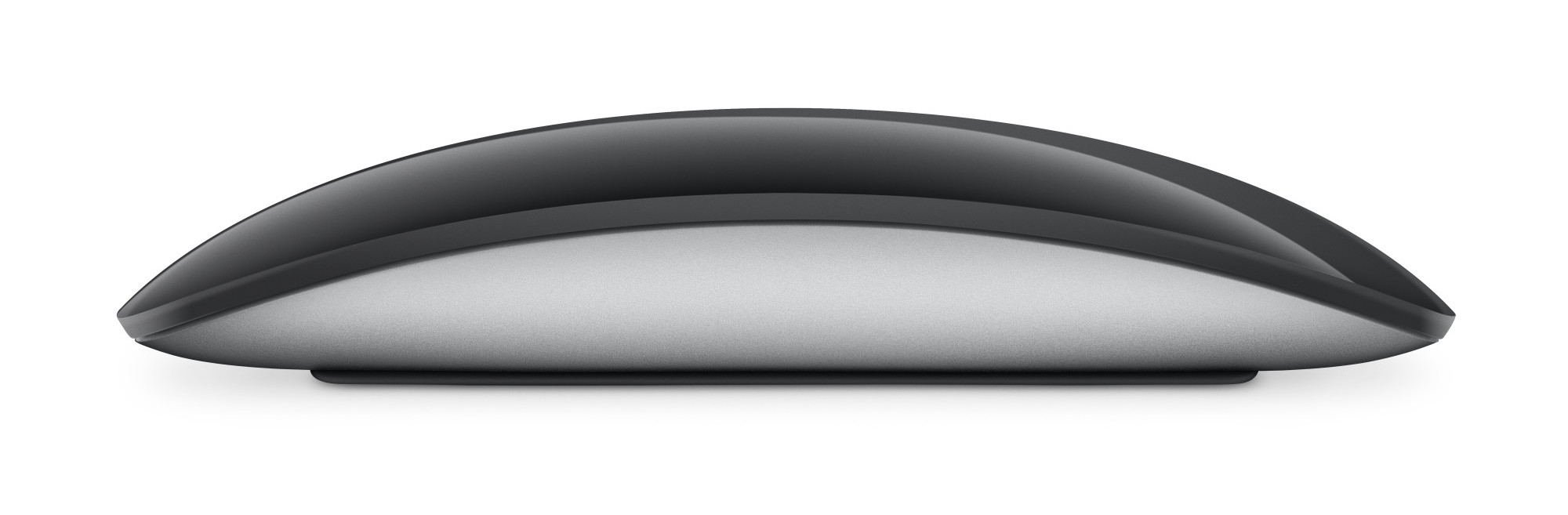 Widok z boku czarnej i srebrnej myszy Apple. Ma gładką, zakrzywioną konstrukcję.
