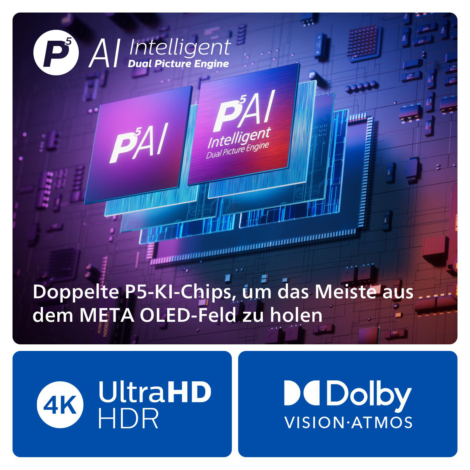 Bild mit Text und grafischen Elementen zur Förderung von 4K UltraHD HDR und Dolby Vision Atmos.