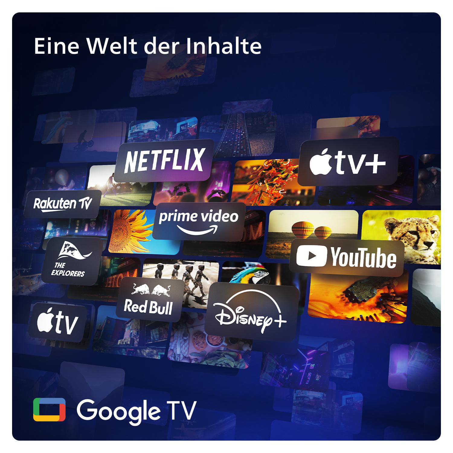 Werbebild für Google TV mit Logos verschiedener Streaming-Dienste auf dunklem Hintergrund.
