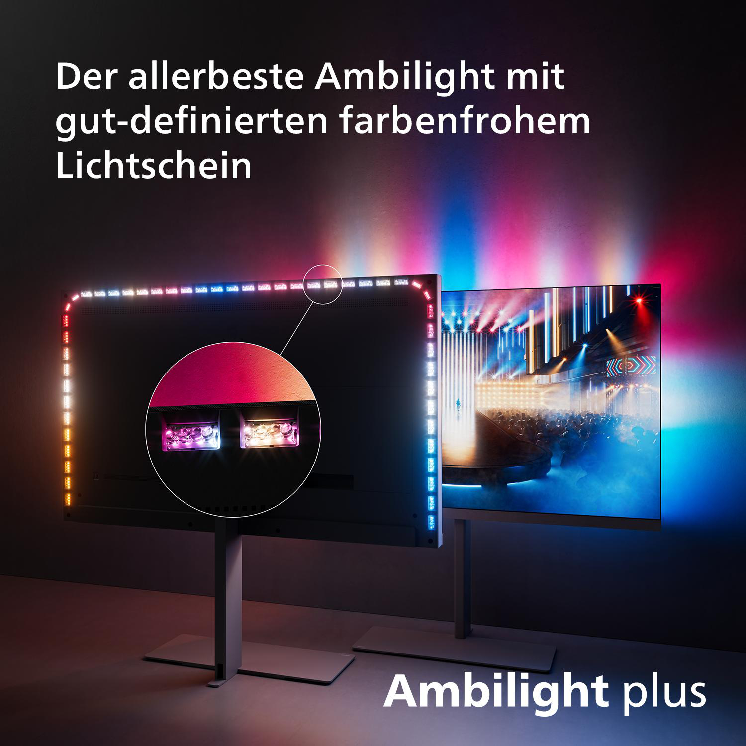 Zwei Fernseher mit Ambilight-Technologie. Text: "Ambilight plus". Weißer Hintergrund.