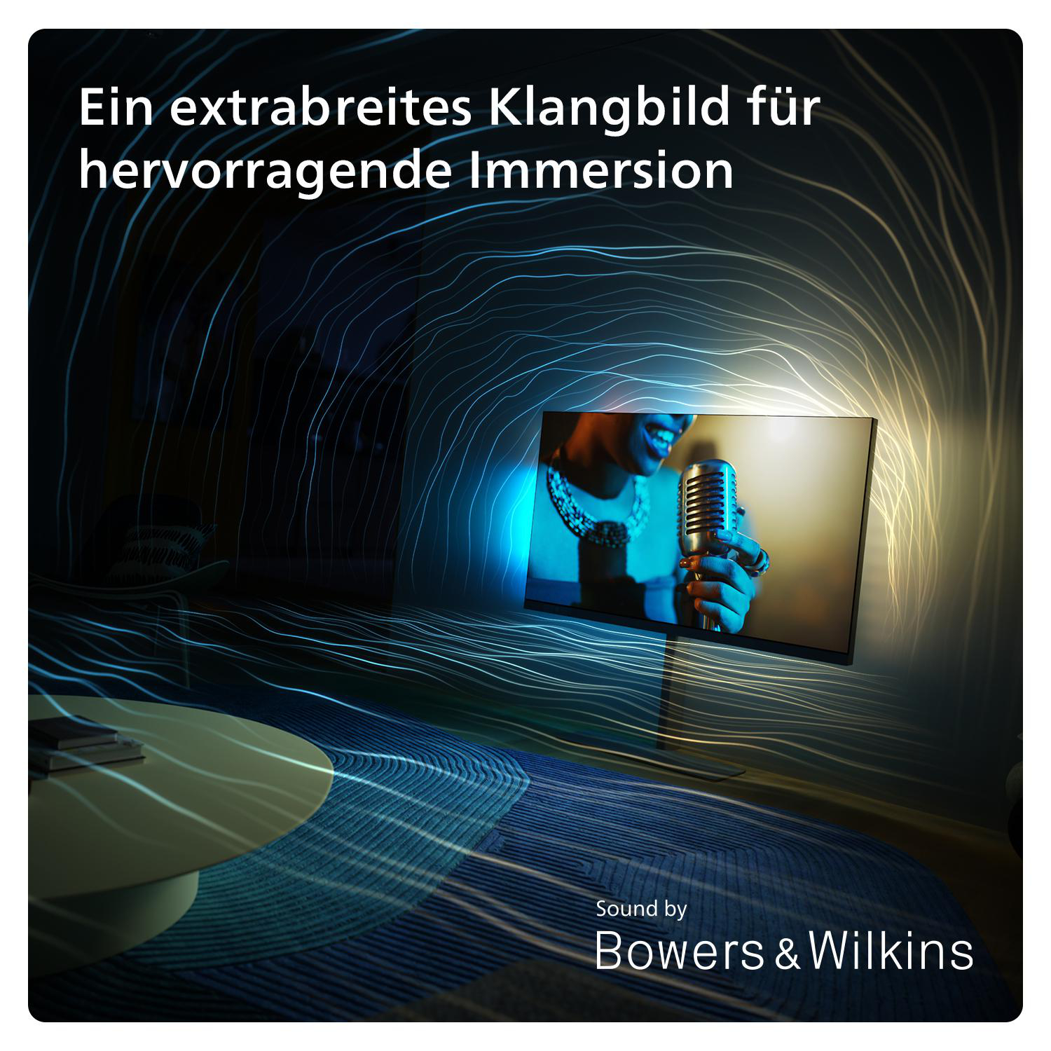 Ein Fernsehbildschirm, der eine Frau zeigt, die in ein Mikrofon singt, mit blauen Wellenlinien.