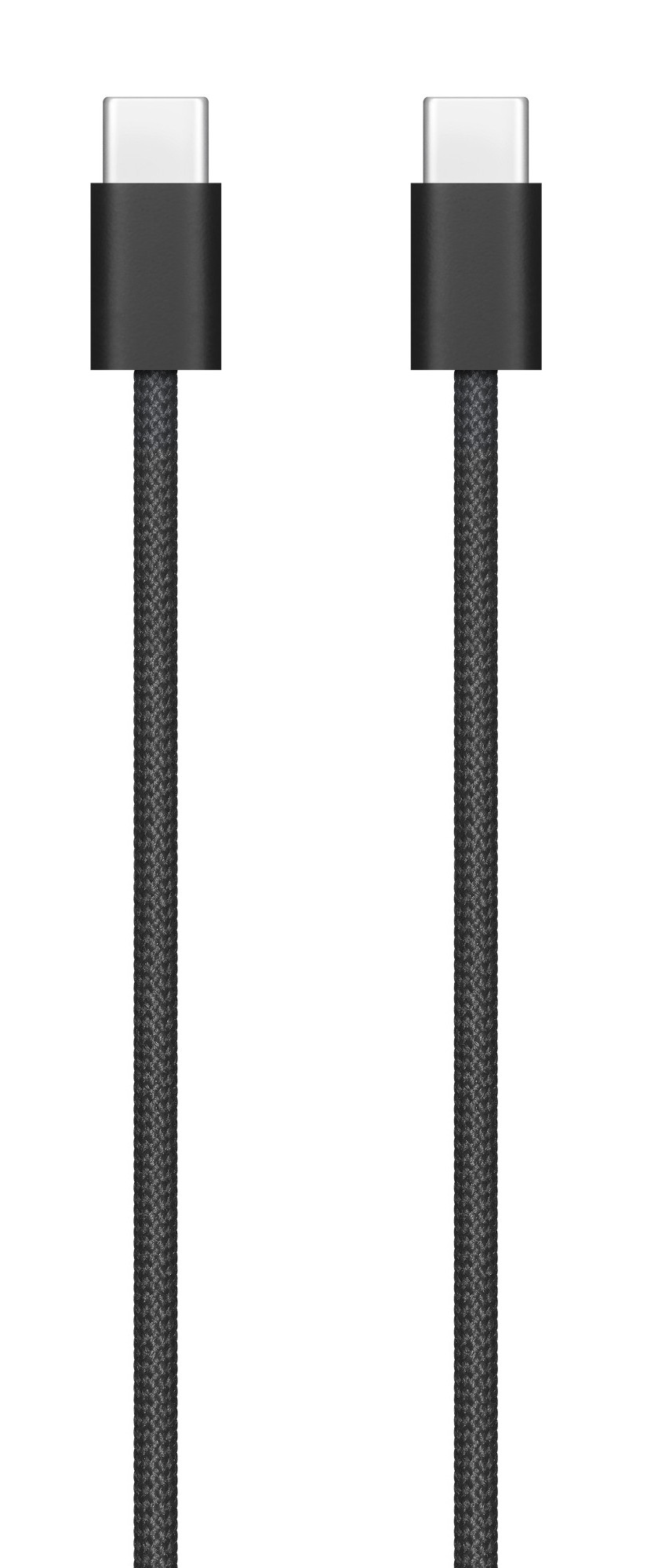 Czarny kabel USB-C z dwoma złączami na białym tle.