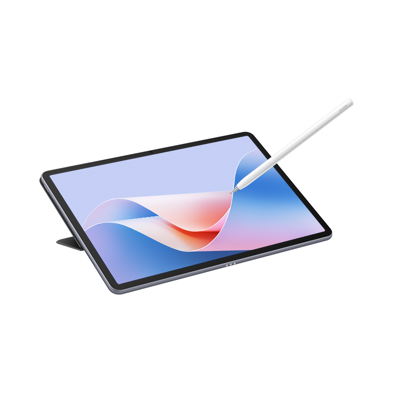Tableta con lápiz óptico. La pantalla muestra arte abstracto colorido. Apoyada en un soporte. Fondo blanco.
