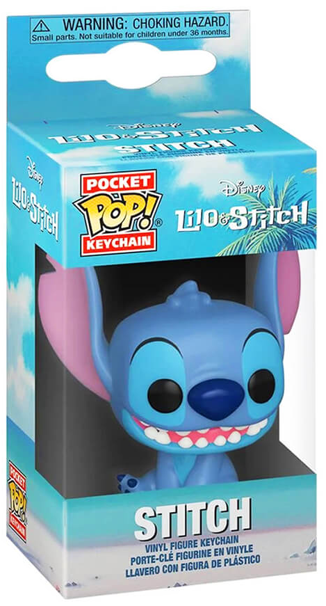 Egy Disney Lilo & Stitch Pocket POP! kulcstartó figura a csomagolásában. A figura kék.