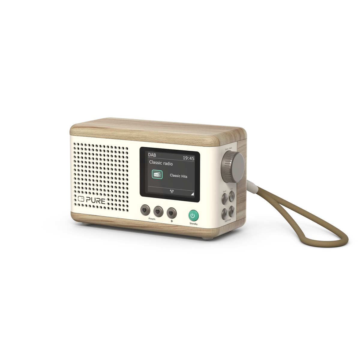 Ein Holzradio mit einem Bildschirm, der Radioinformationen anzeigt, einem braunen Griff und Knöpfen.