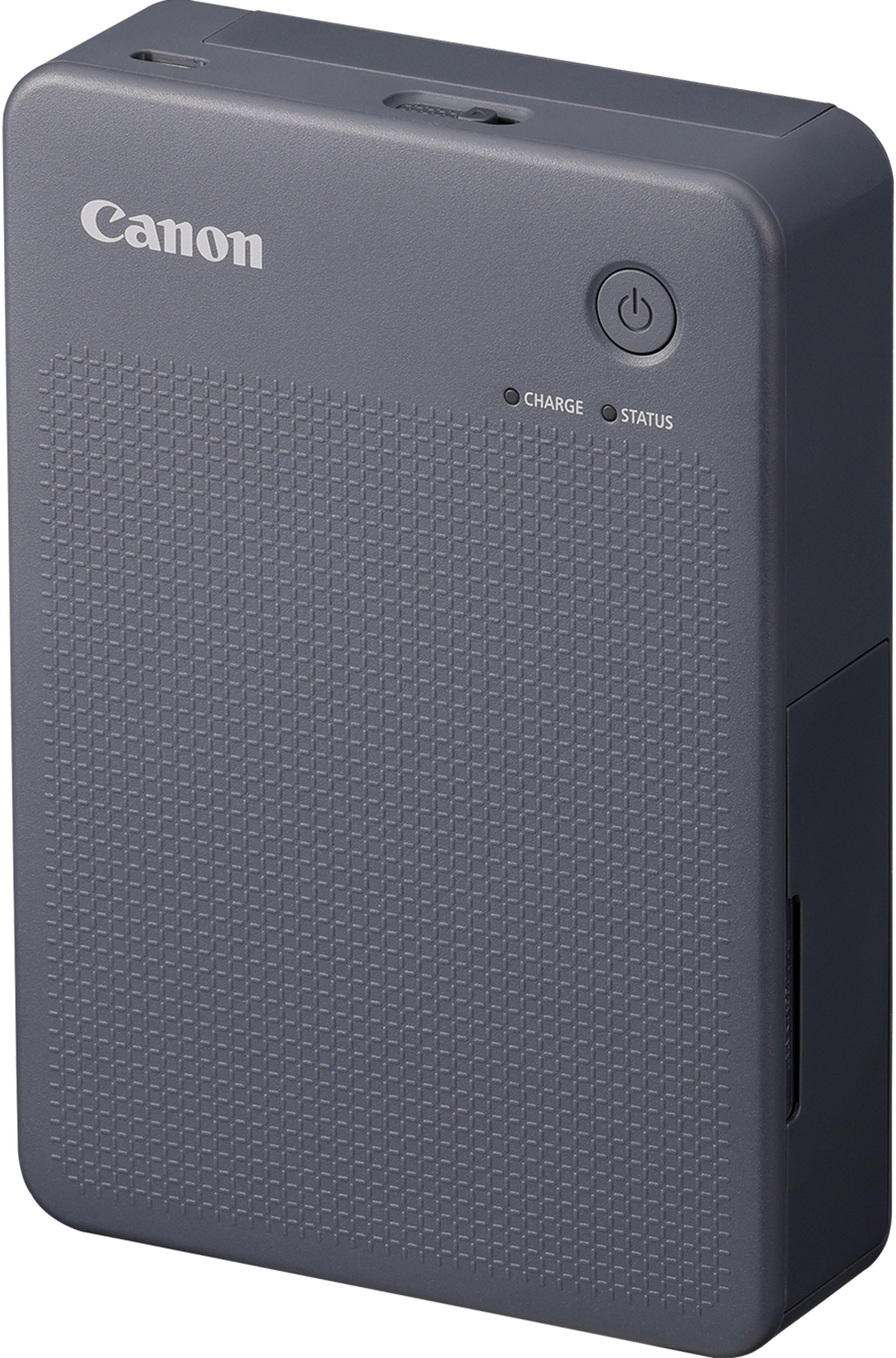 Una stampante Canon grigia. Il logo Canon è in alto. C'è un pulsante di accensione e un indicatore di stato.