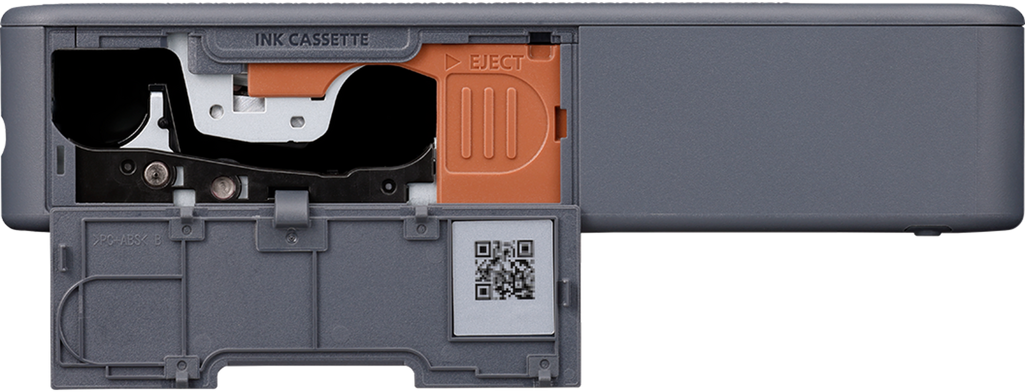 Stampante aperta, che mostra l'area della cartuccia d'inchiostro e il pulsante di espulsione, con etichetta QR.