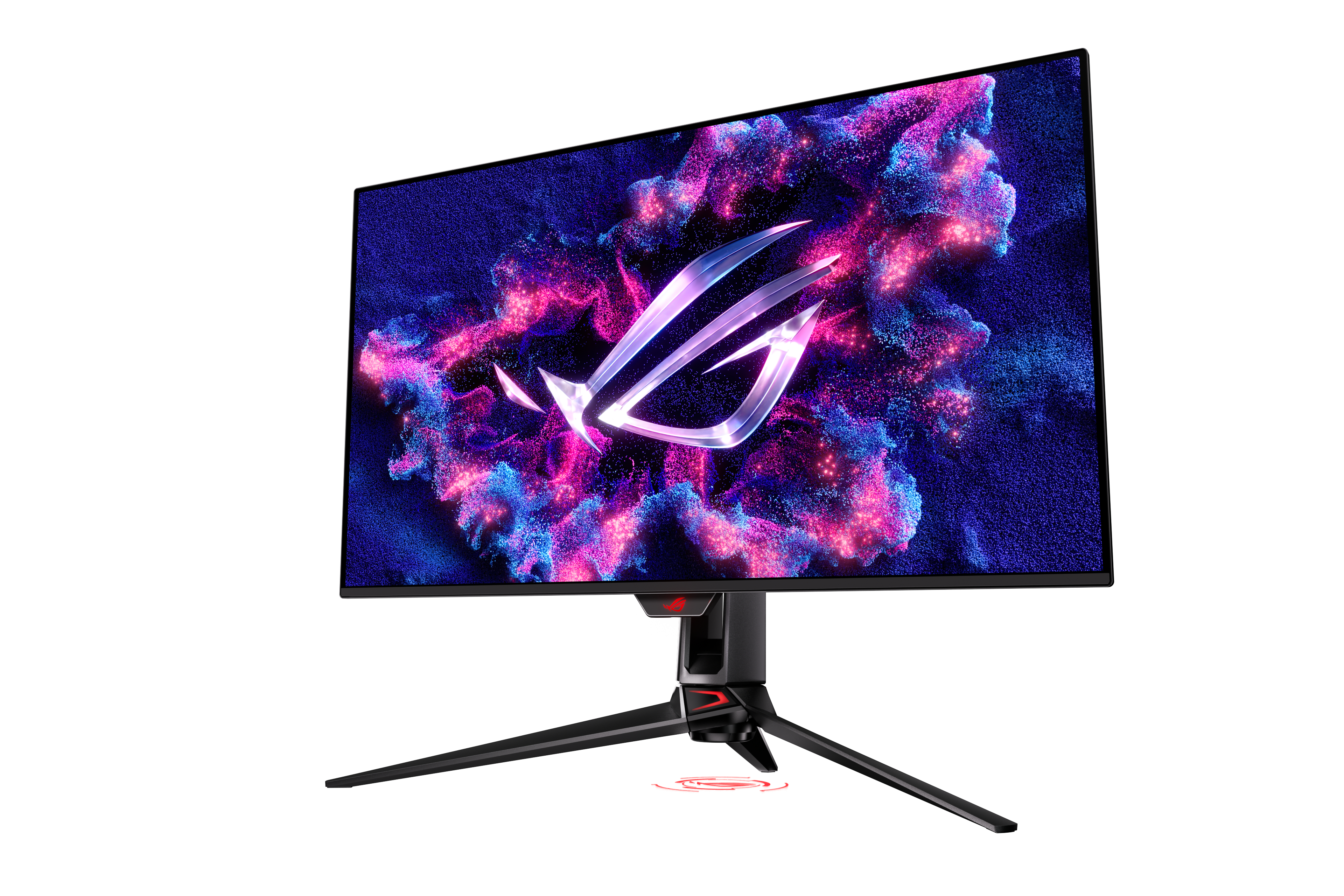Gaming-Monitor mit ROG-Logo und abstraktem Hintergrund, Winkelansicht.