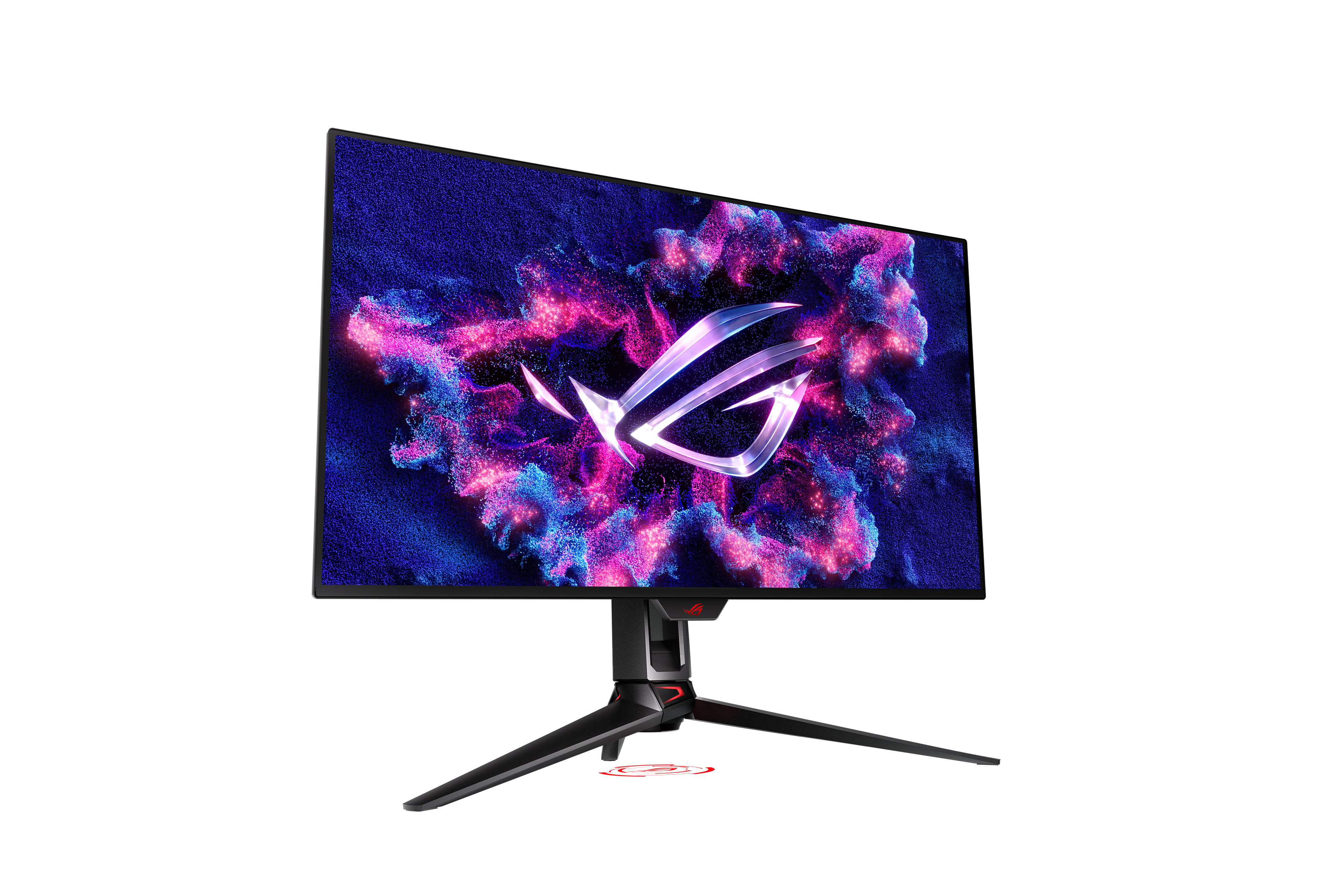 Gaming-Monitor mit benutzerdefiniertem Display. Schwarzer Ständer mit roten Akzenten, weißer Hintergrund.