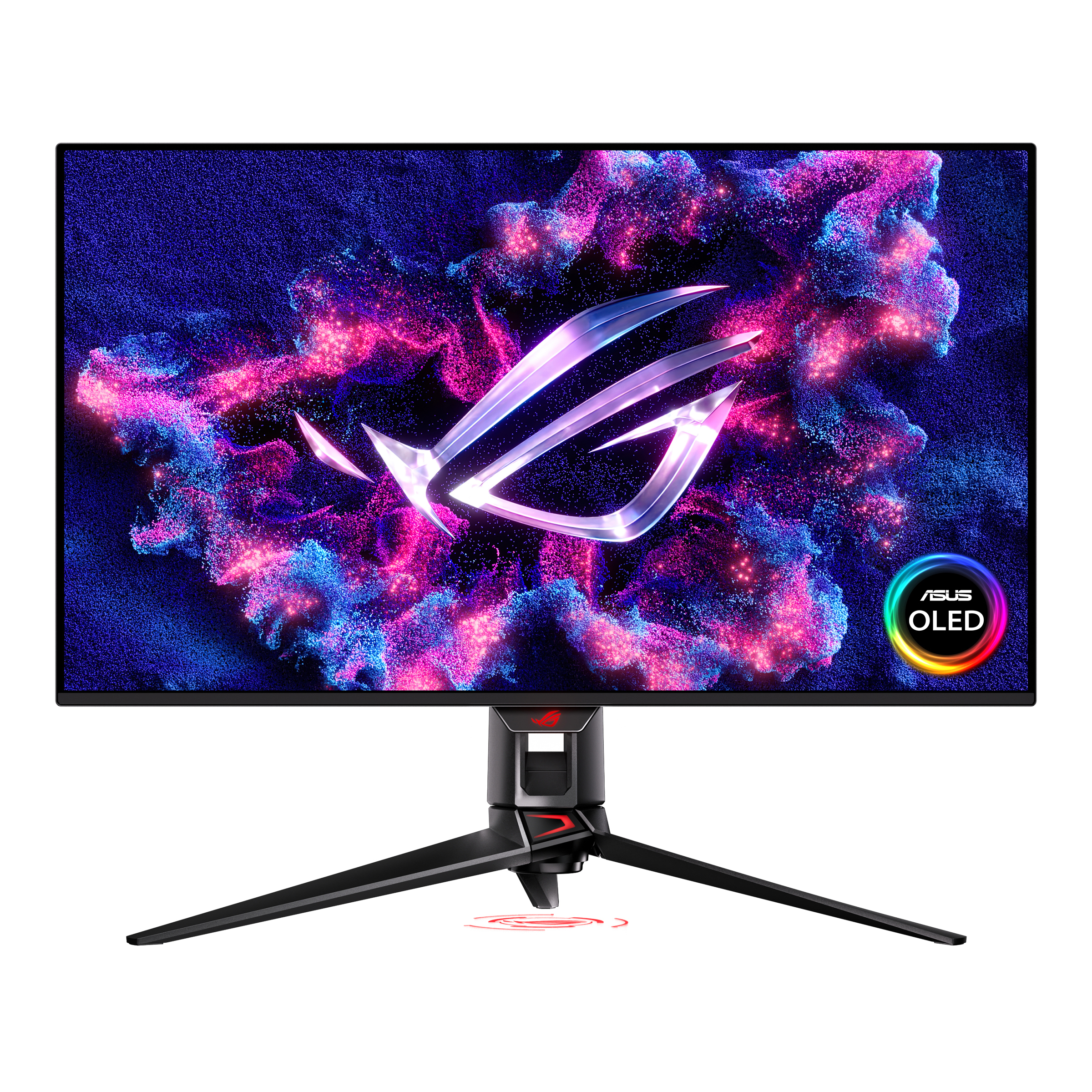 Asus ROG OLED Monitor mit Ständer. Abstrakter Hintergrund mit Farben.