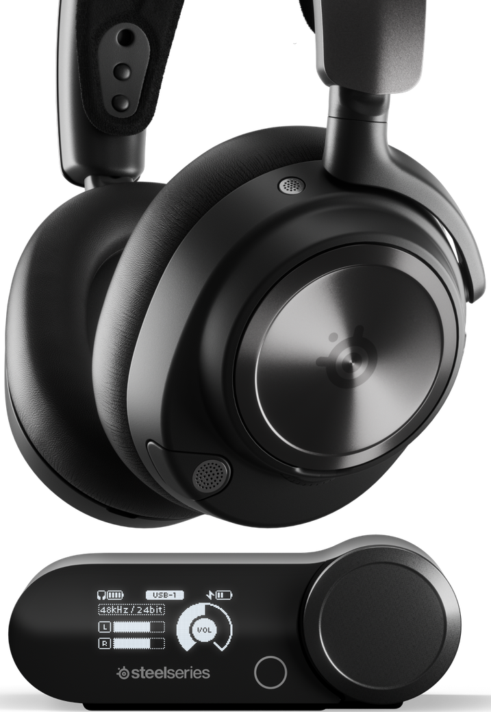 Schwarze SteelSeries-Kopfhörer und eine Steuereinheit. Die Einheit zeigt Einstellungen mit einem Lautstärkeregler an.