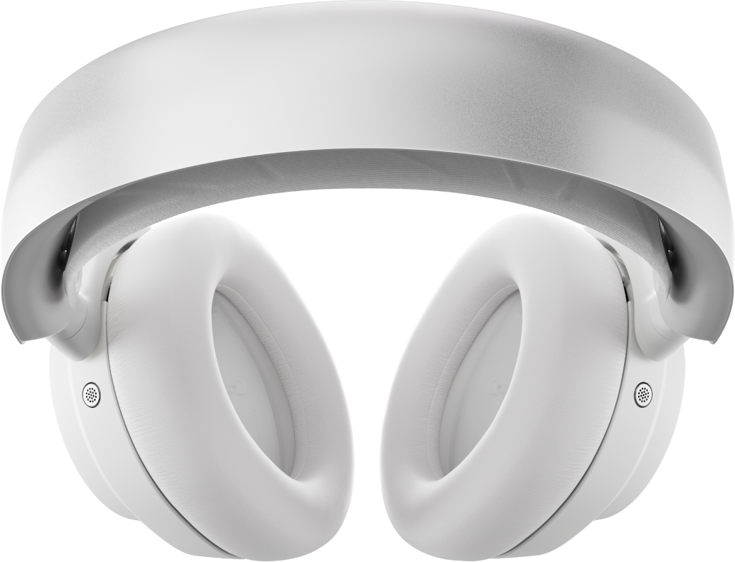 Weiße Kopfhörer. Over-Ear-Design. Weiche Ohrmuscheln und Kopfband. Saubere, moderne Ästhetik. Schwarzer Hintergrund.