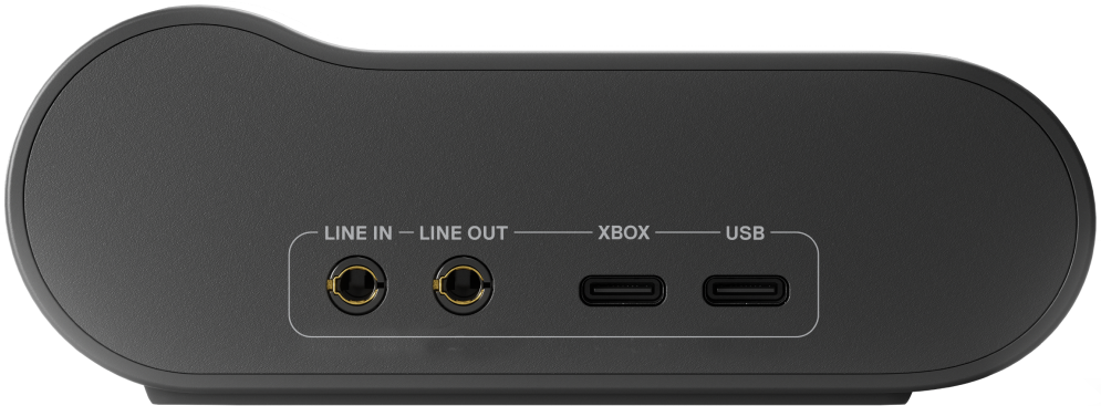 Dispositivo audio grigio scuro con porte line in/out, Xbox e USB sul retro.