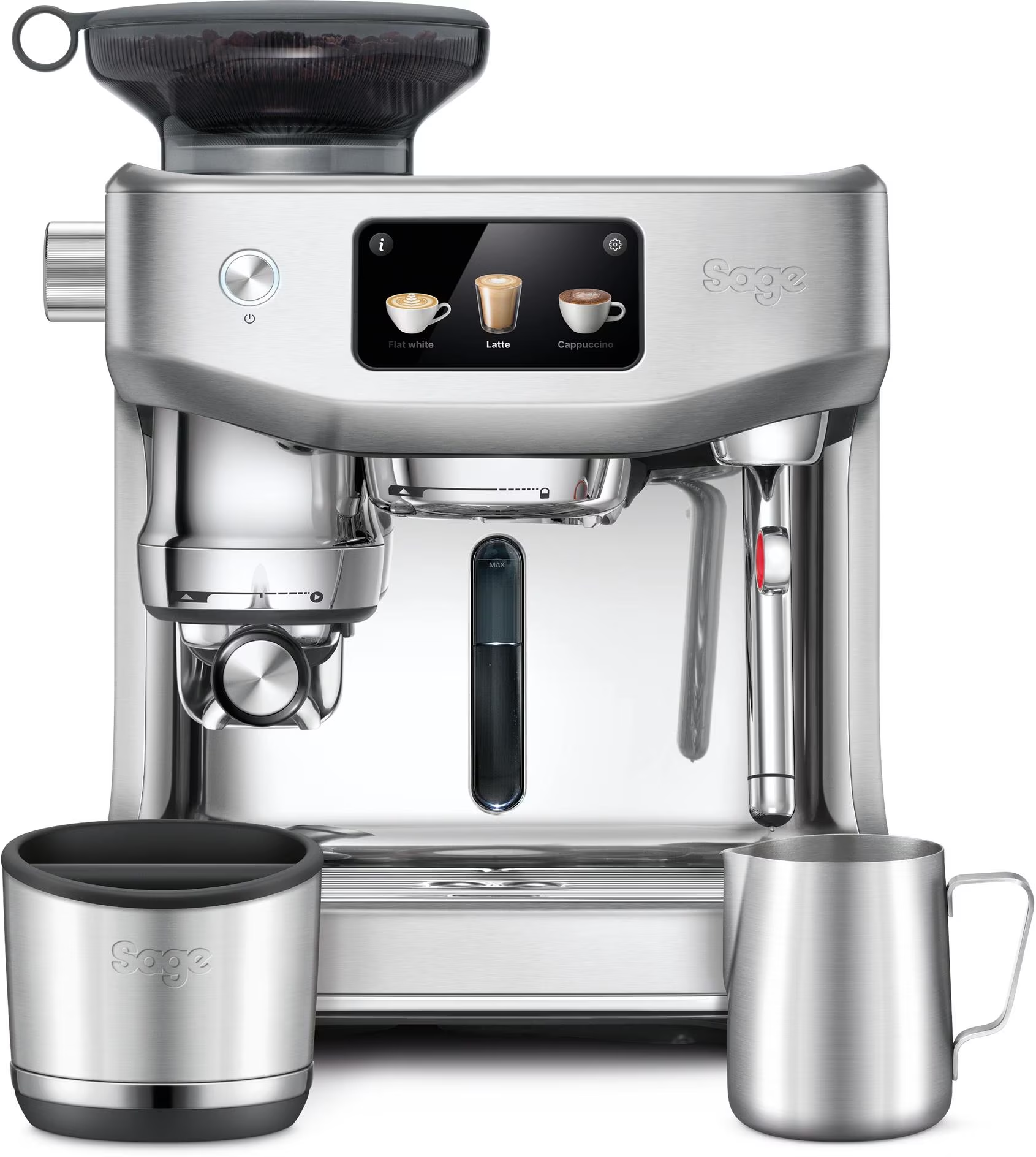 Macchina per caffè espresso argento con touchscreen, lattiera e fondi di caffè.