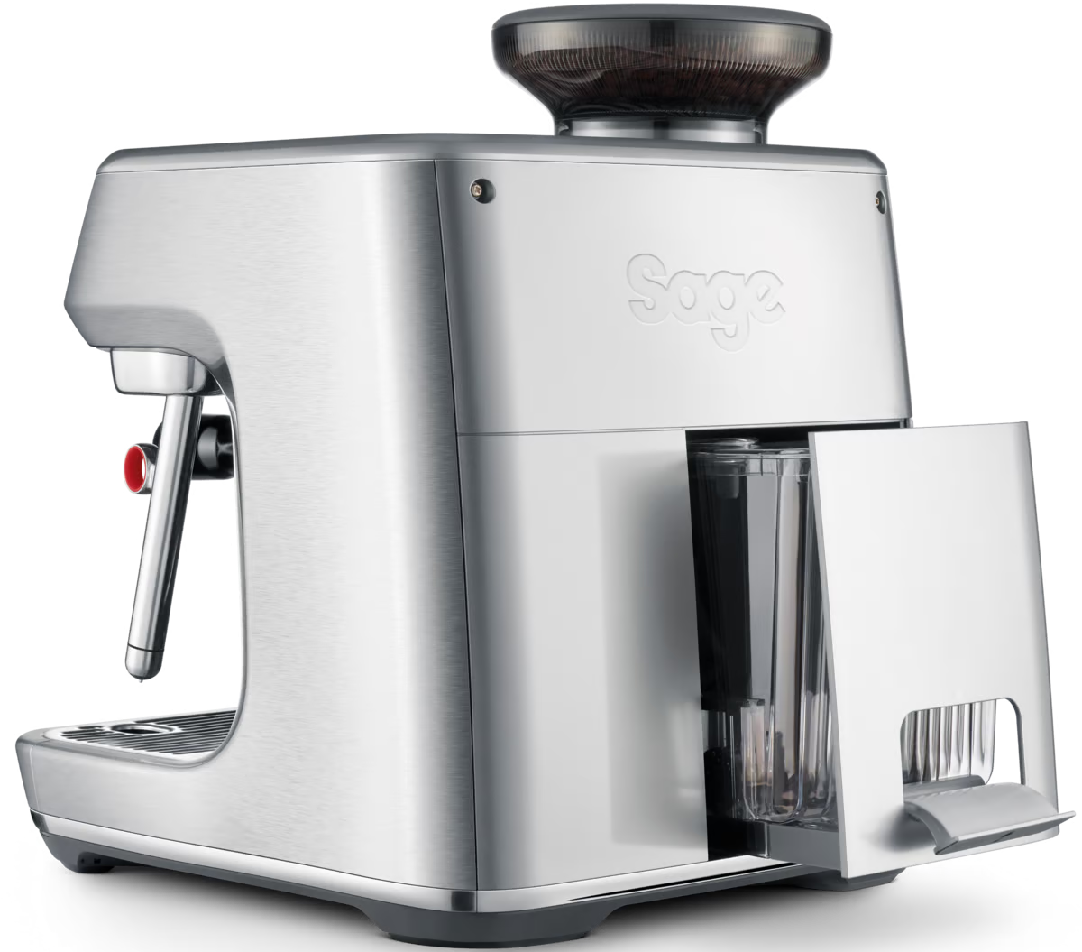 Macchina da caffè argentata con macinacaffè, caraffa in vetro e logo Sage.