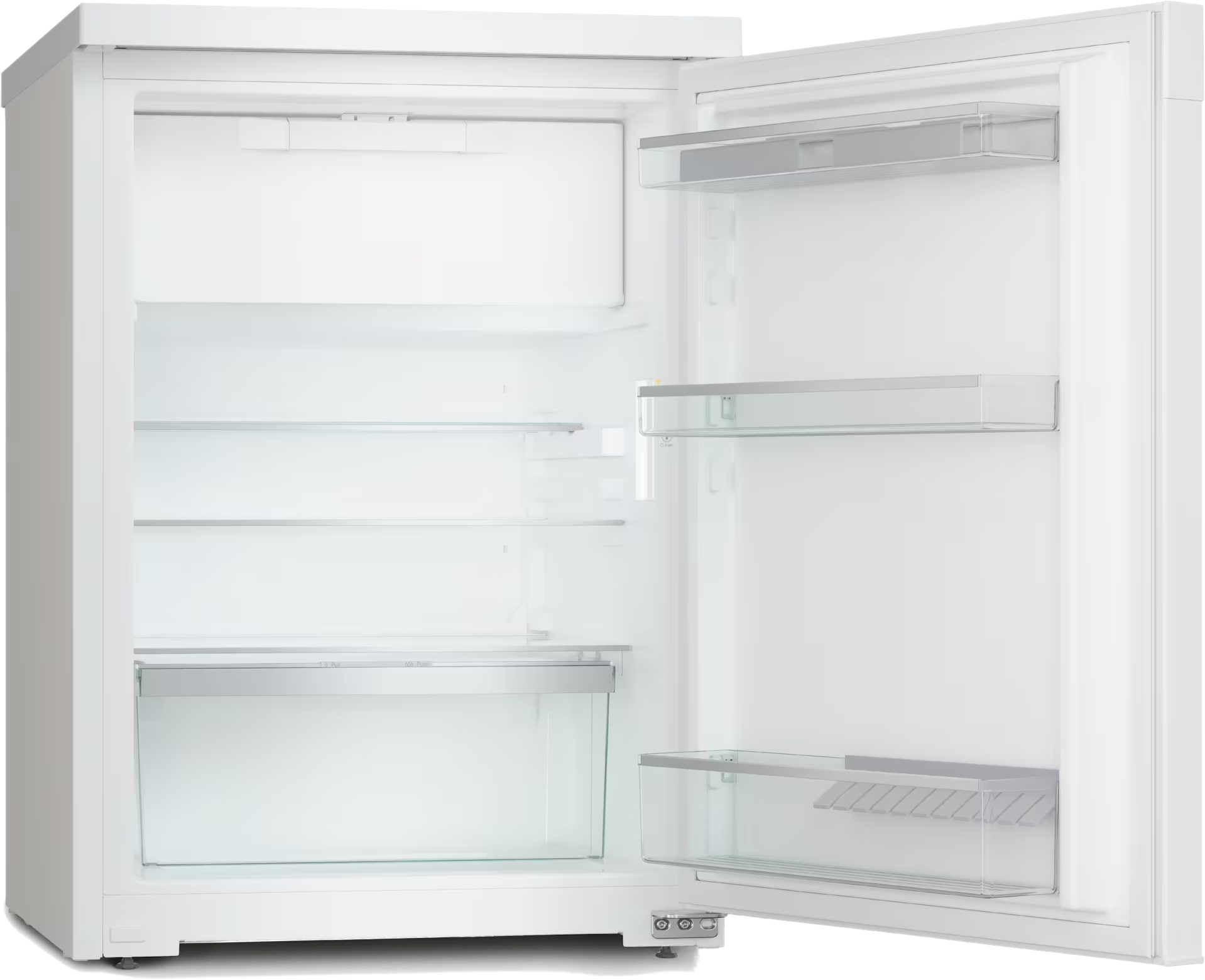 Weißer Kühlschrank mit geöffneter Tür. Er zeigt Regale und Schubladen.