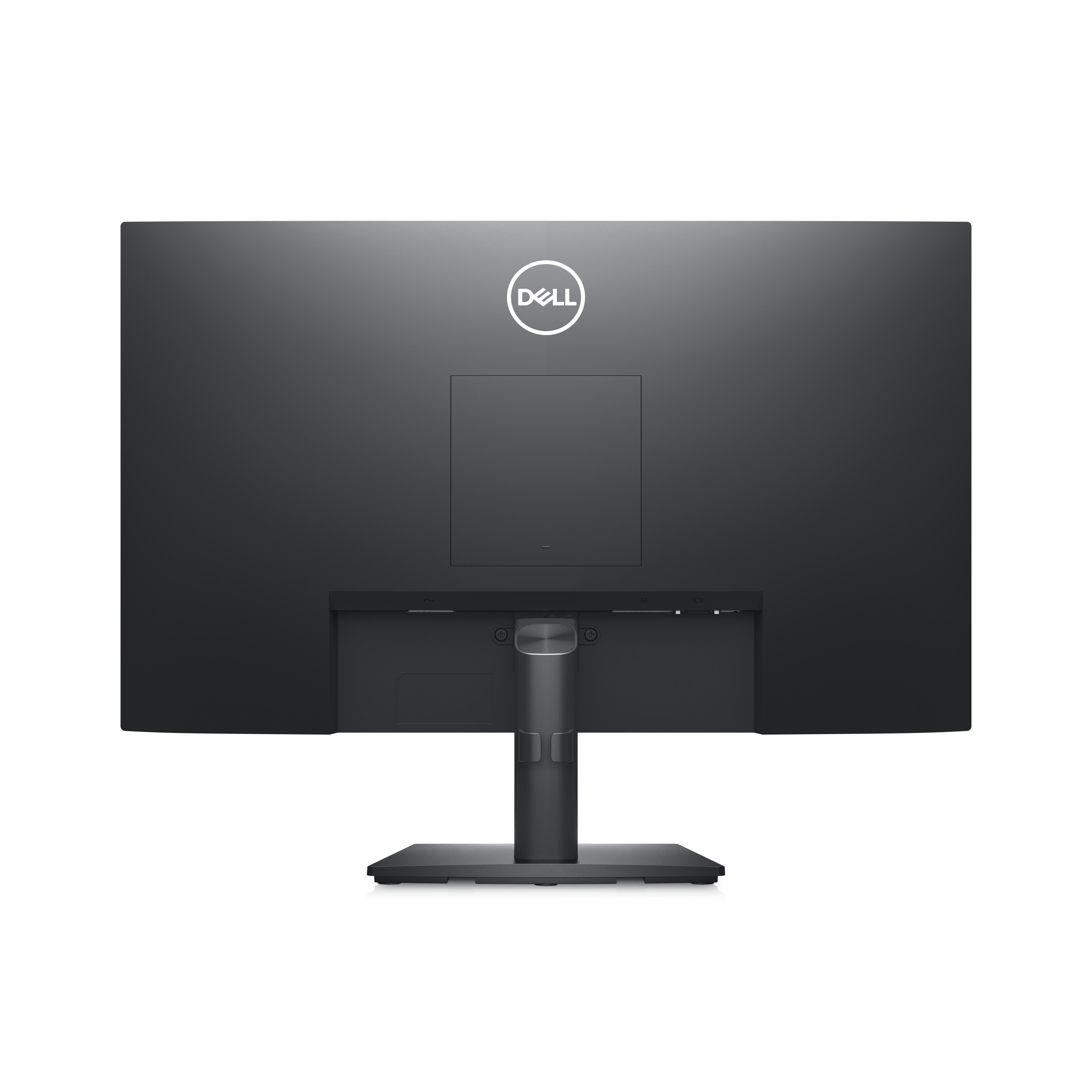 Rückseite eines schwarzen Computermonitors mit Dell-Logo und Ständer, auf weißem Hintergrund.