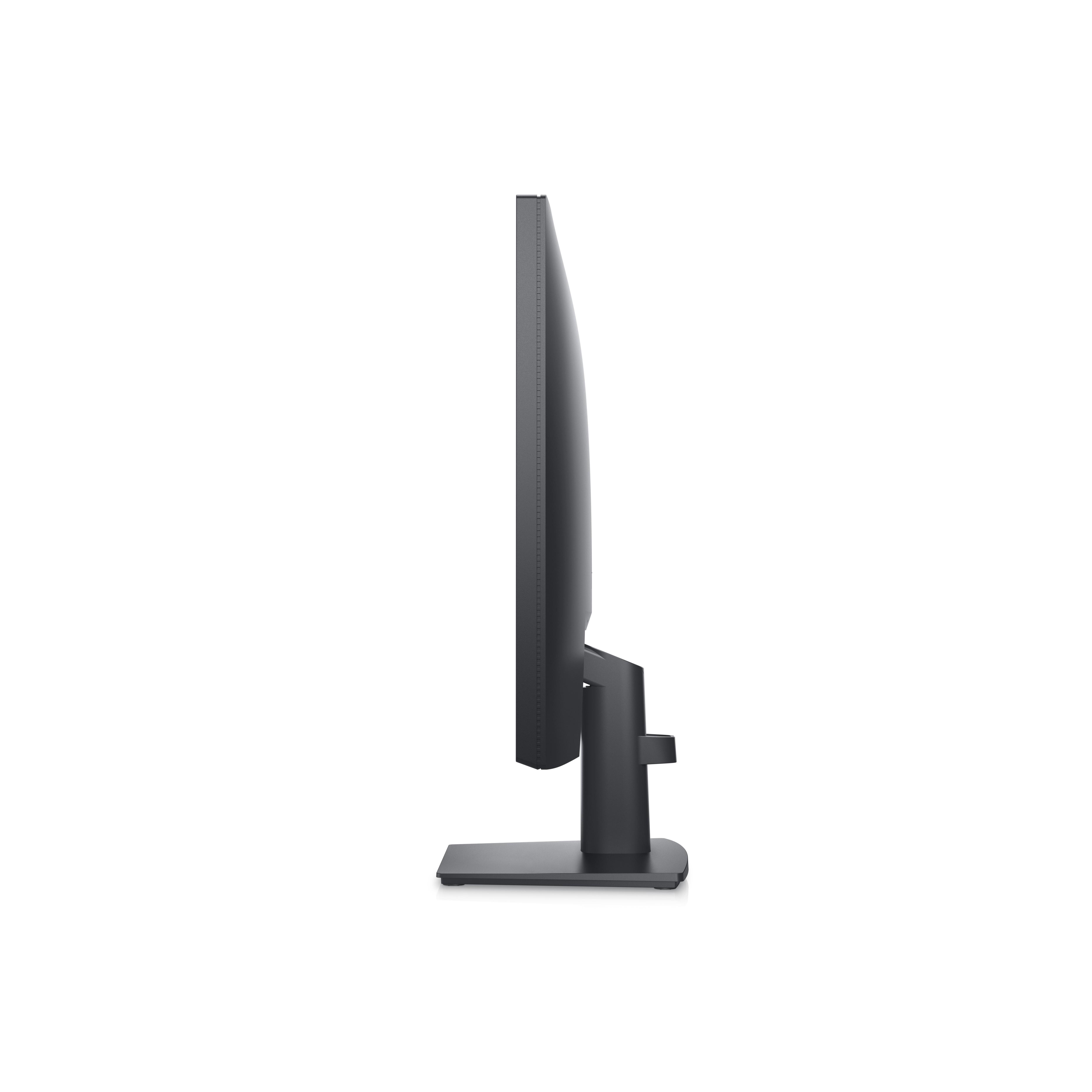 Seitenansicht eines schwarzen Computermonitors auf weißem Hintergrund. Der Monitor ist dünn und rechteckig.
