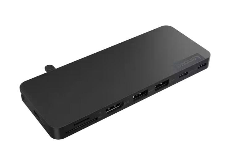 Schwarze Lenovo-Dockingstation mit mehreren Anschlüssen und kleinem Knopf.