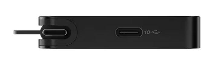 Schwarzer USB-C-Hub mit zwei Anschlüssen: ein USB-C und ein USB-C mit einem 10-Symbol.