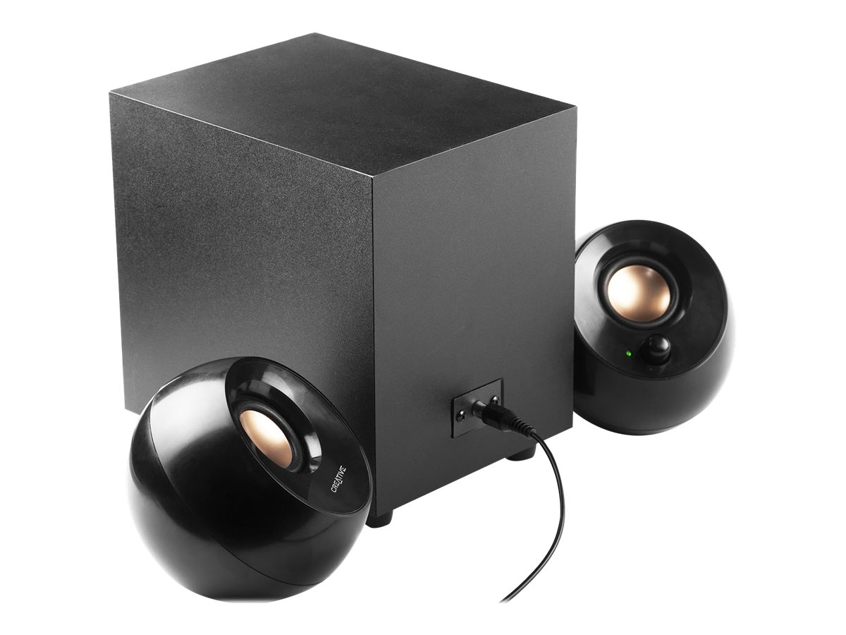 Schwarzes Lautsprecherset mit Subwoofer und zwei Satellitenlautsprechern.
