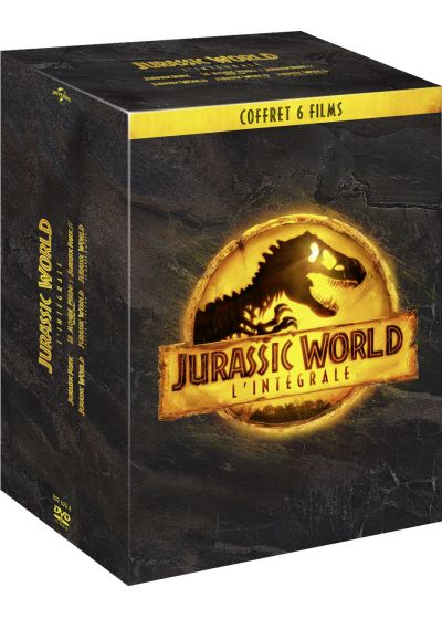 Coffret 6 films Jurassic World, avec image de dinosaure et titre.