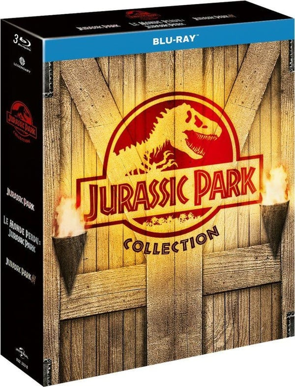Coffret Blu-ray Jurassic Park avec design de caisse en bois, logo et texte. Comprend des flammes de torche.