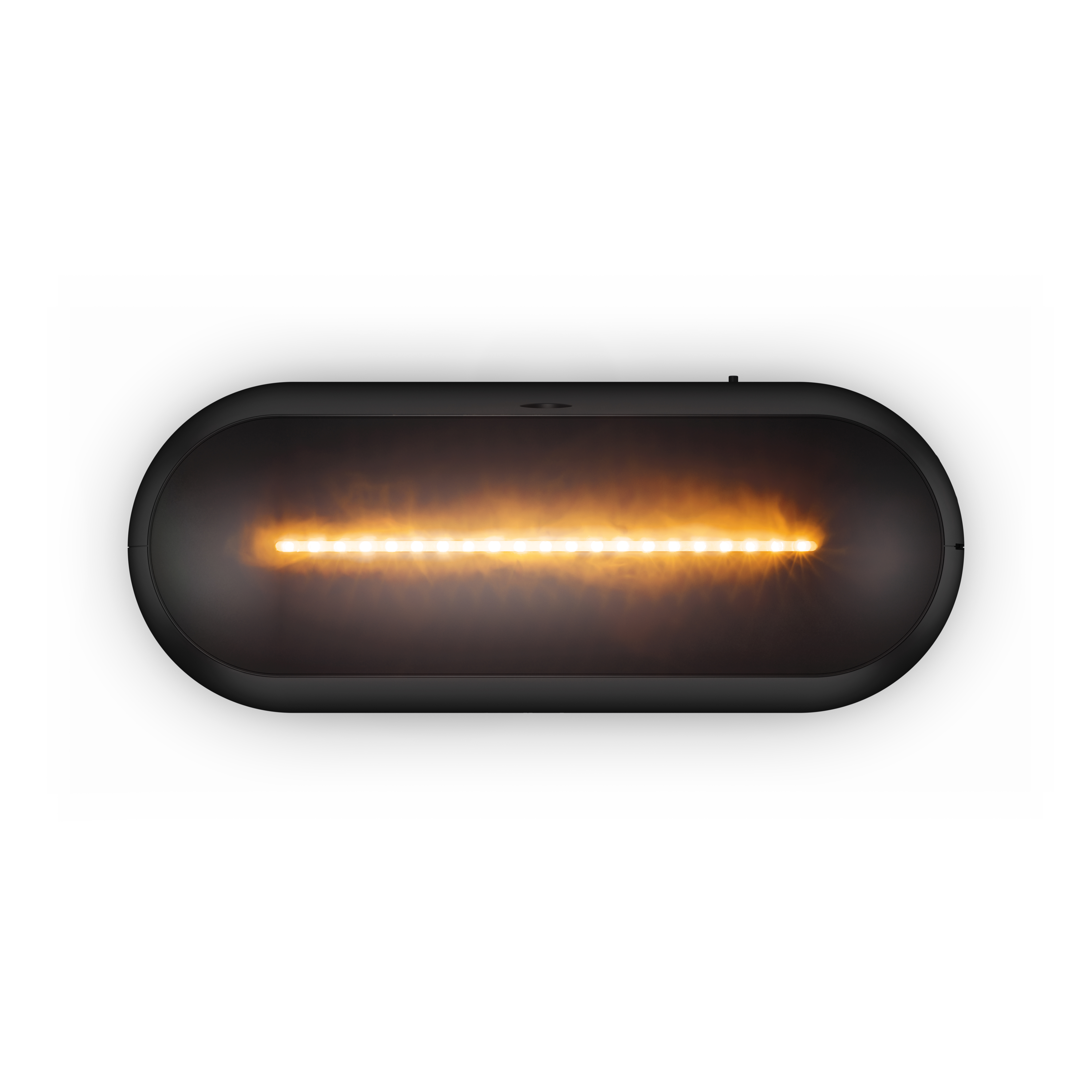 Schwarze, ovale Leuchte mit einer horizontalen Reihe gelber Lichter. Weißer Hintergrund.