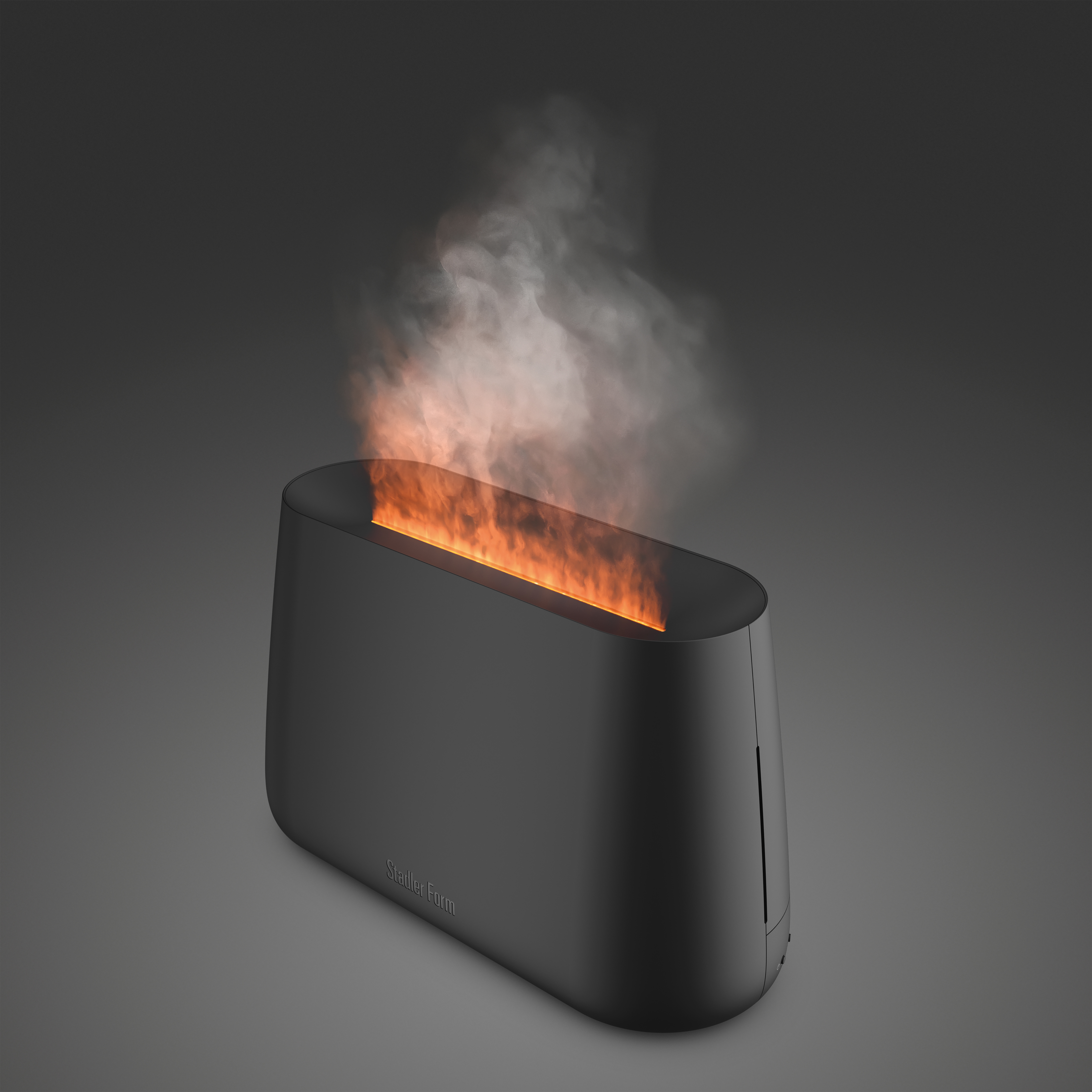 Schwarzer Toaster mit orangefarbenem Leuchten im Inneren. Weißer Rauch kommt aus der Oberseite.