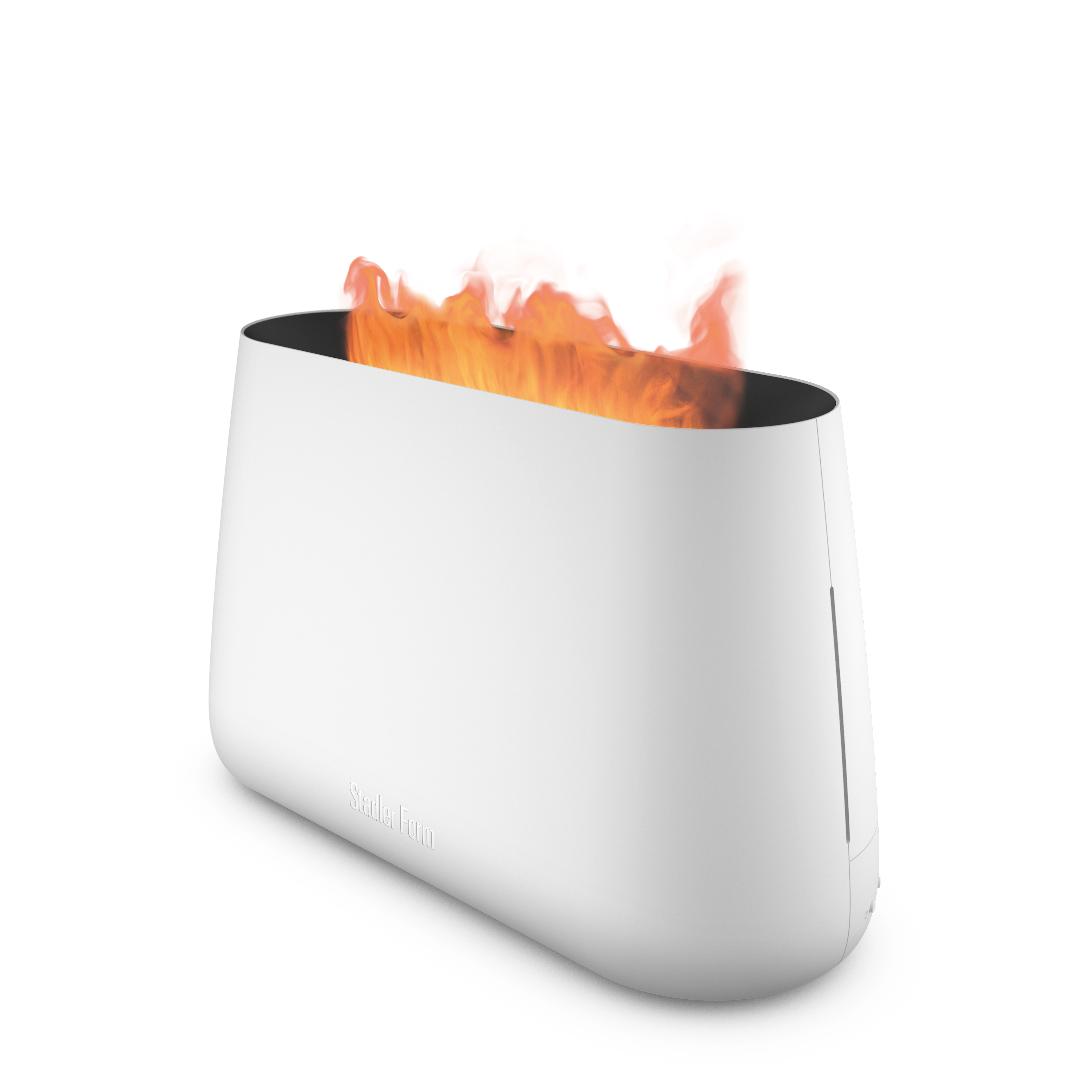 Ein weißer Flammen-Luftbefeuchter, mit Flammen oben sichtbar.