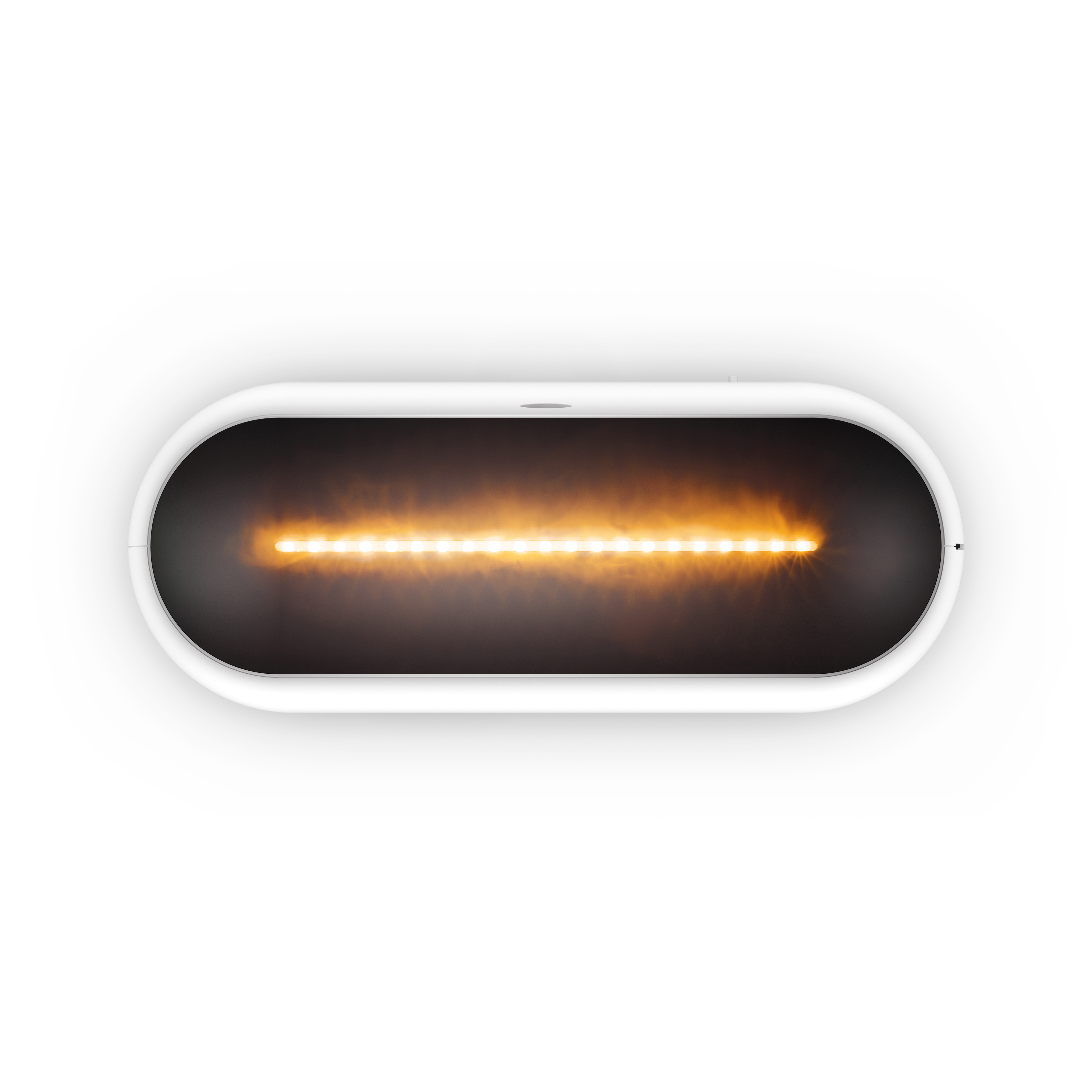 Weiße, ovale Leuchte mit einer Reihe heller, orangefarbener Lichter im Inneren.