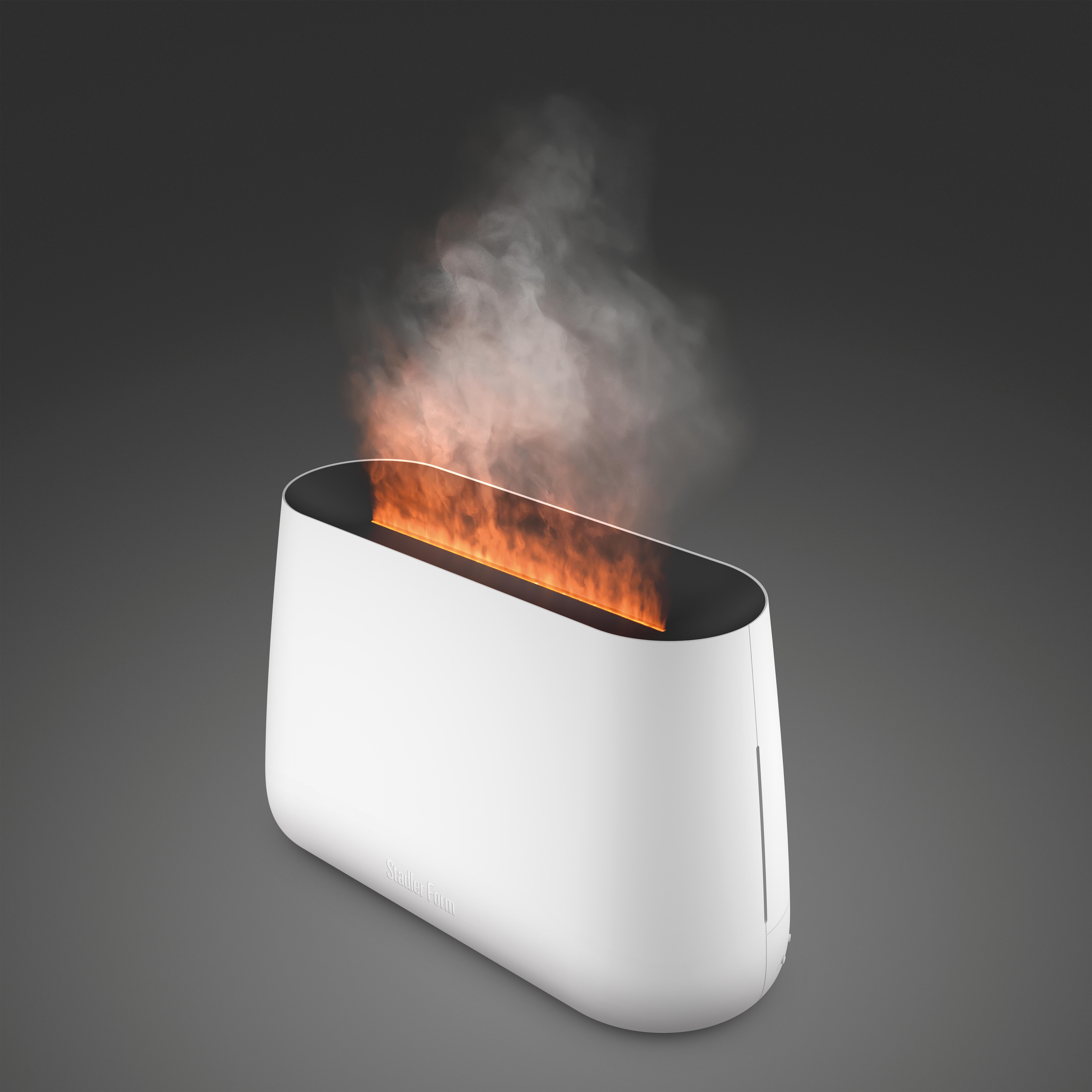 Ein weißer Toaster mit Dampf, der aus der Oberseite aufsteigt. Der Hintergrund ist ein grauer Farbverlauf.
