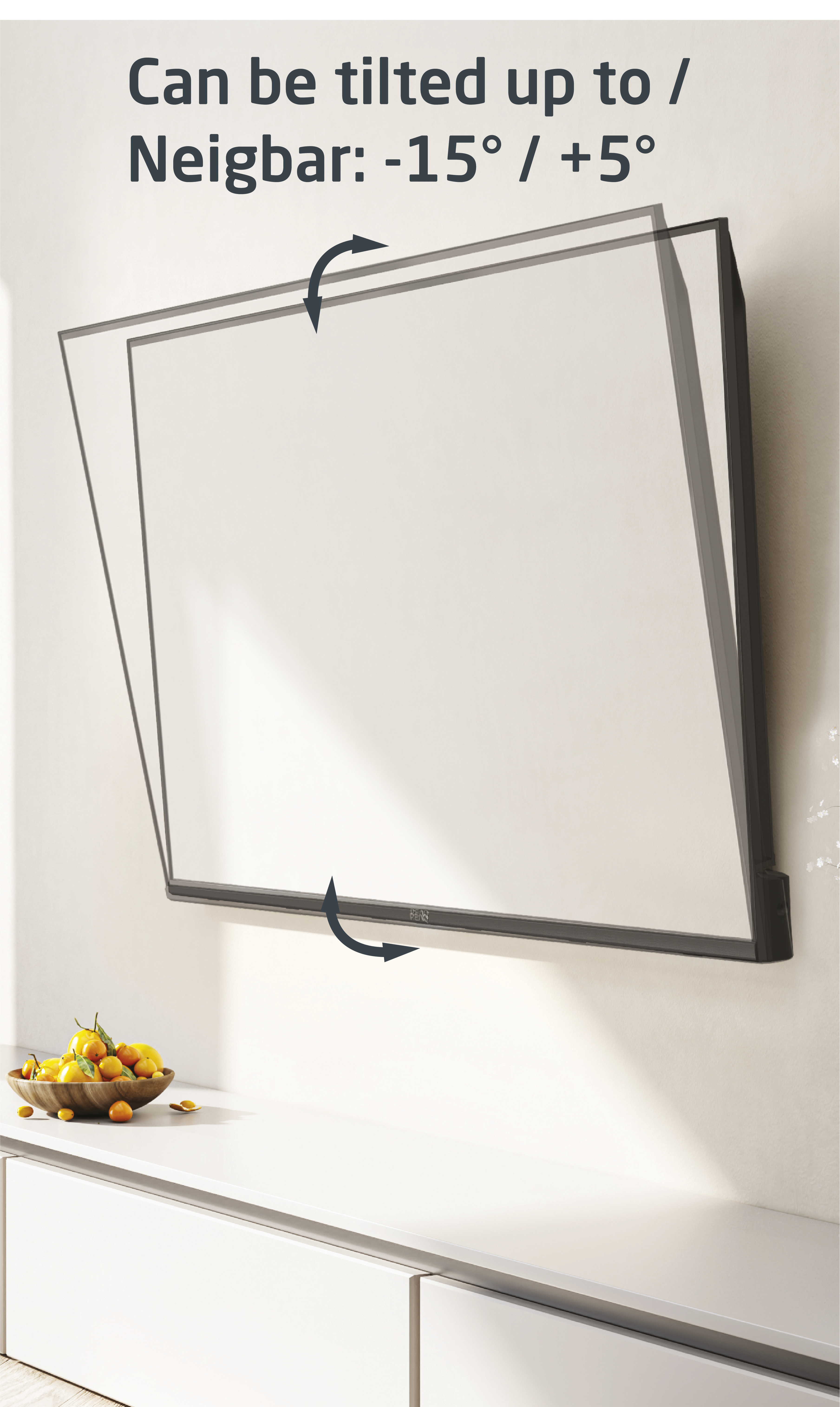 Ein weißer, an der Wand befestigter Fernseher mit Neigungsbereichspfeilen.