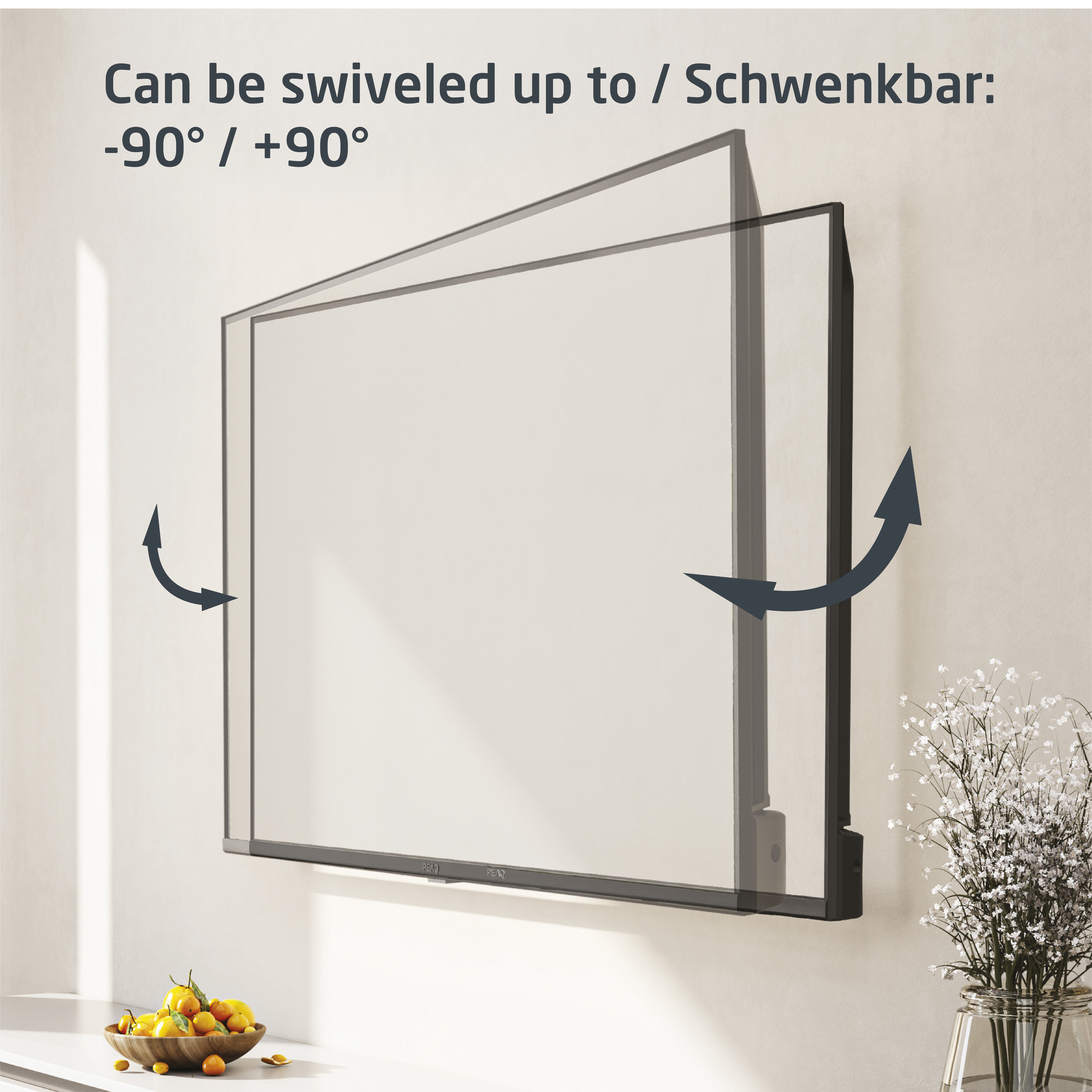 Ein schwarzer Fernseher an einer weißen Wand montiert. Schwenkpfeile zeigen den Bewegungsbereich des Fernsehers an.