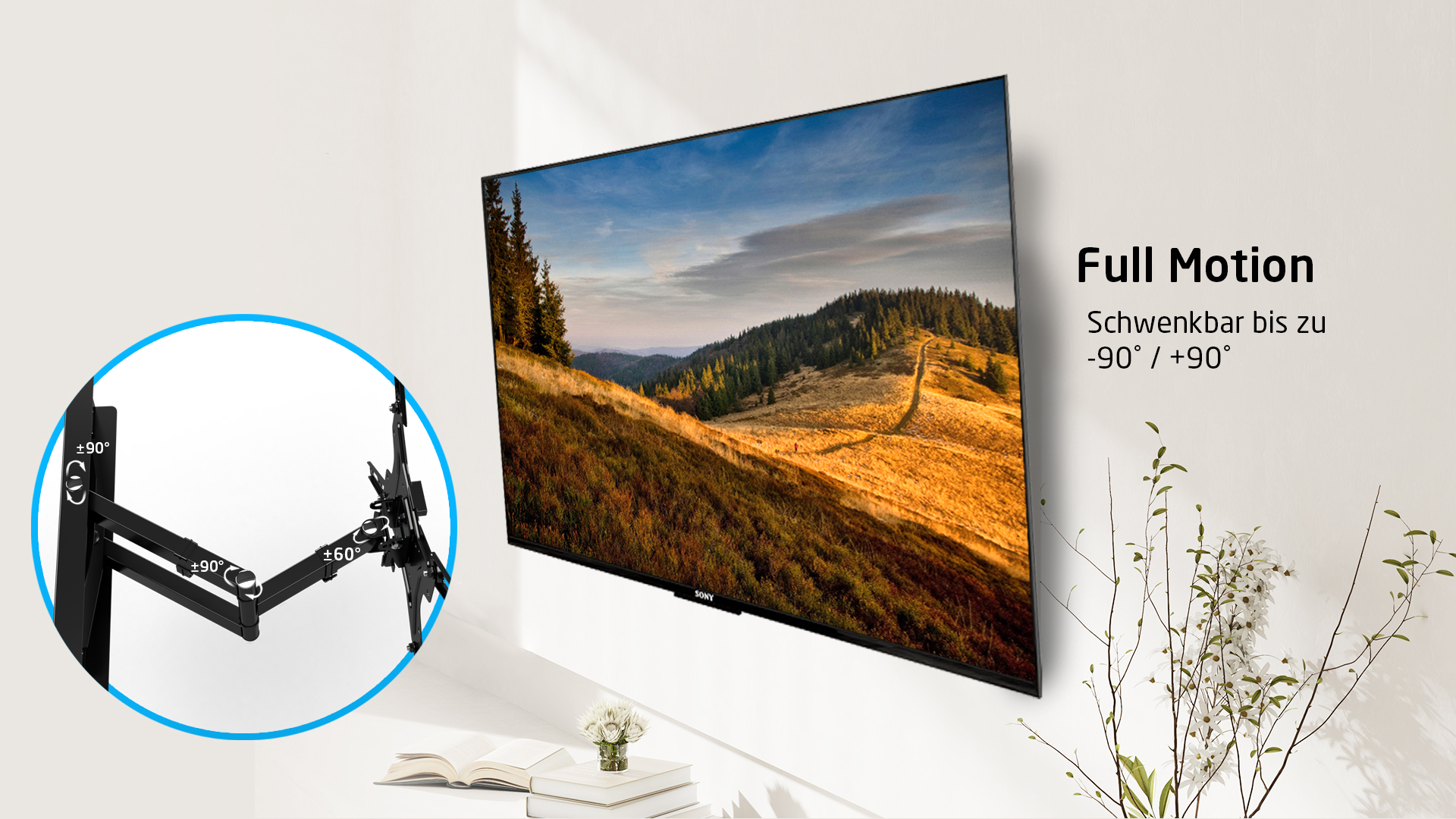 Ein Fernseher an einer Wandhalterung, mit einer Landschaftsszene auf dem Bildschirm. Zeigt Schwenkwinkel.