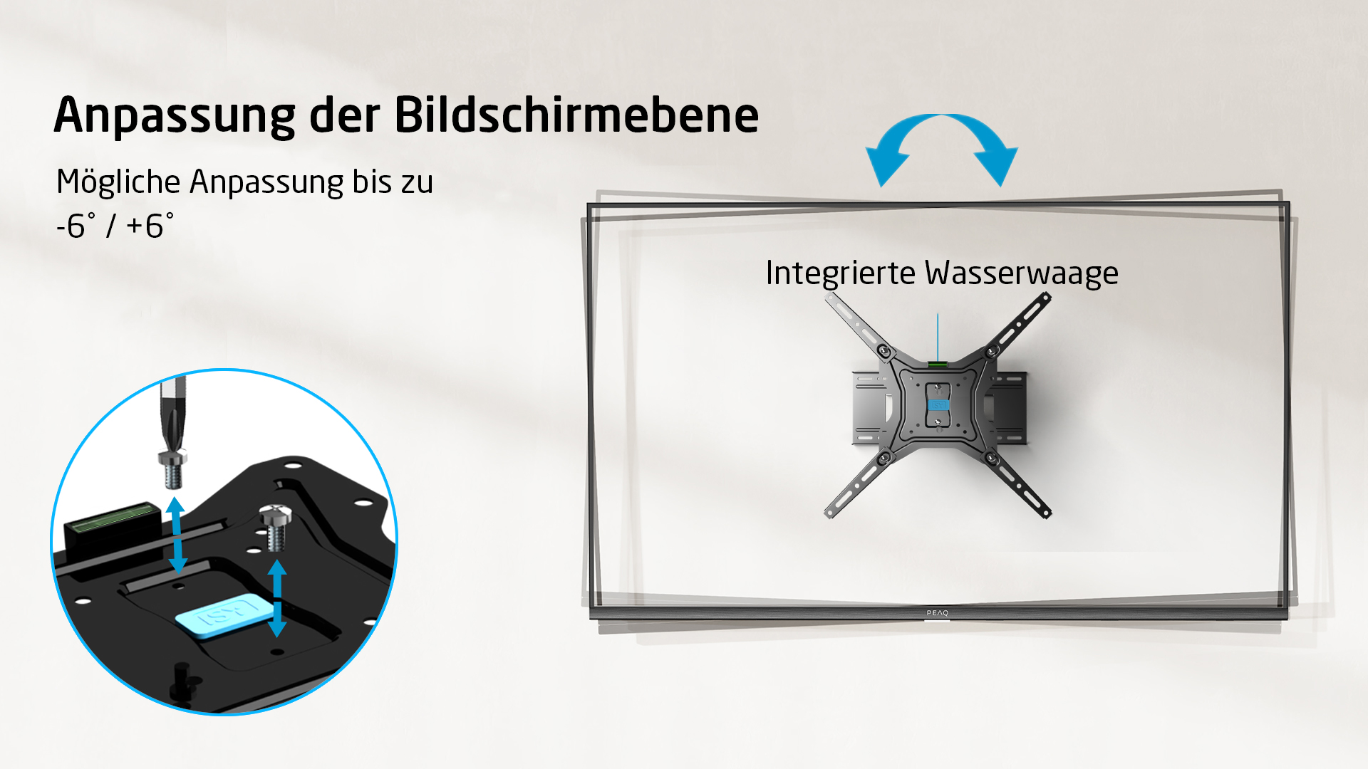 Ein Fernseher an der Wand, die Halterung ist in der Mitte. Pfeile zeigen die Einstellung nach oben und unten.