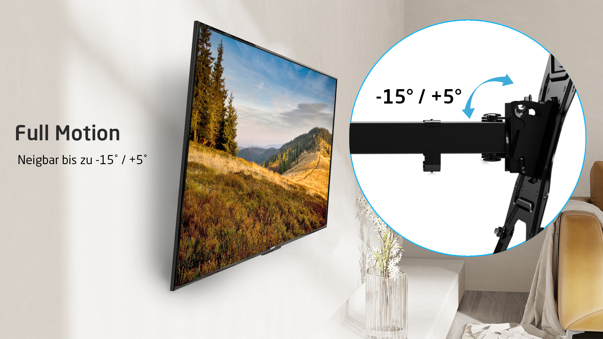 An der Wand montierter Fernseher mit Halterung, zeigt verstellbare Neigungswinkel.