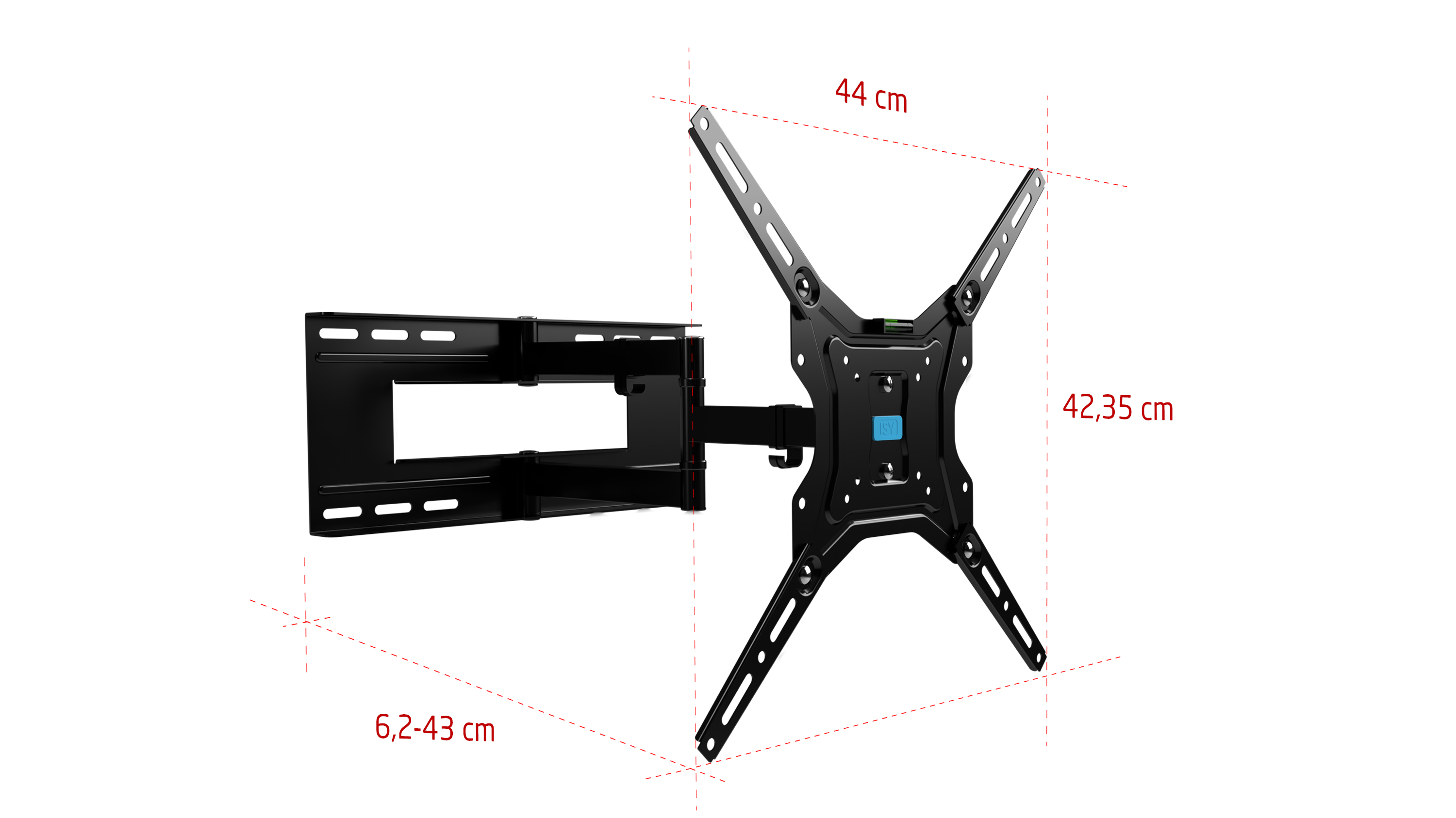 Schwarze TV-Wandhalterung mit roten Maßangaben: 44 cm, 42,35 cm, und 6,2-43 cm.