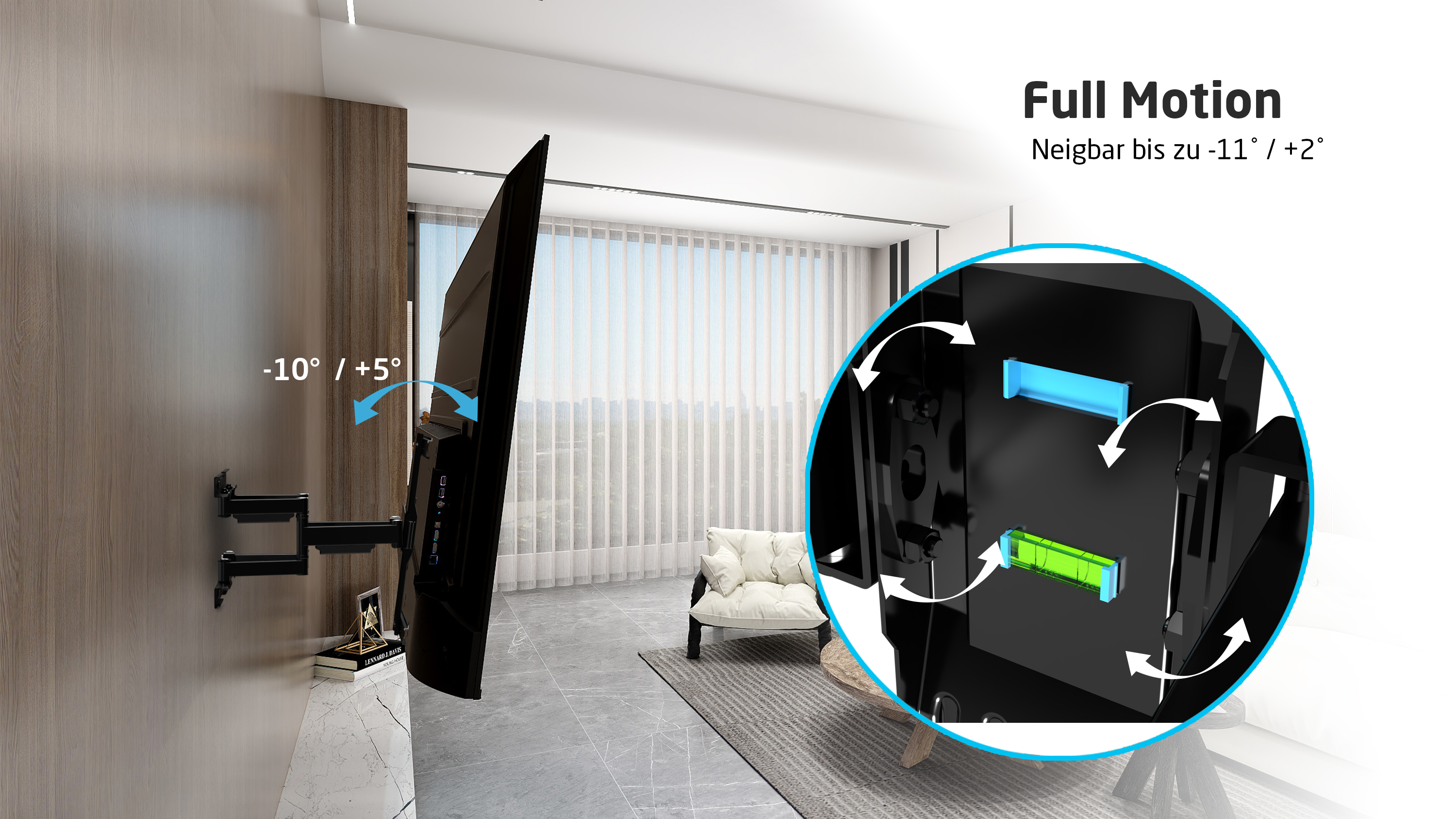 TV monté sur un mur avec un bras pivotant. Texte indiquant l'angle et le mouvement.