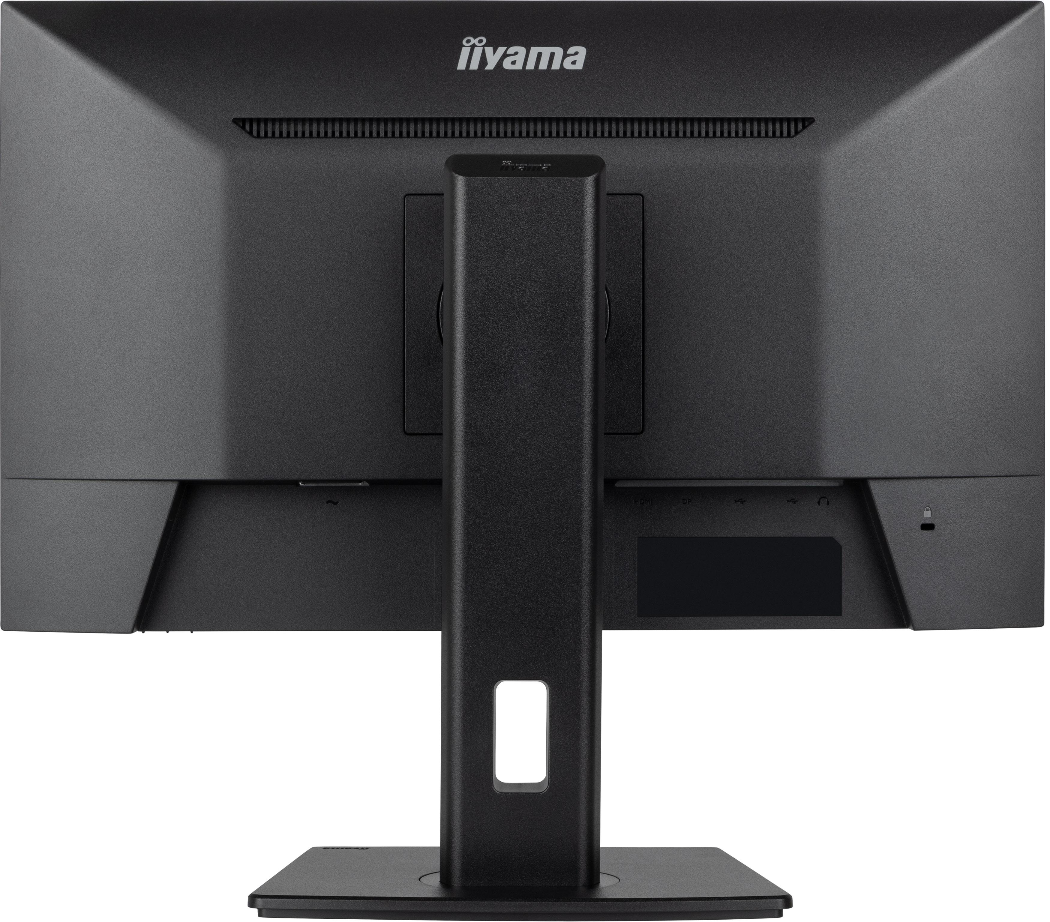 Rückansicht eines schwarzen Computermonitors mit Ständer. Marke Iiyama.
