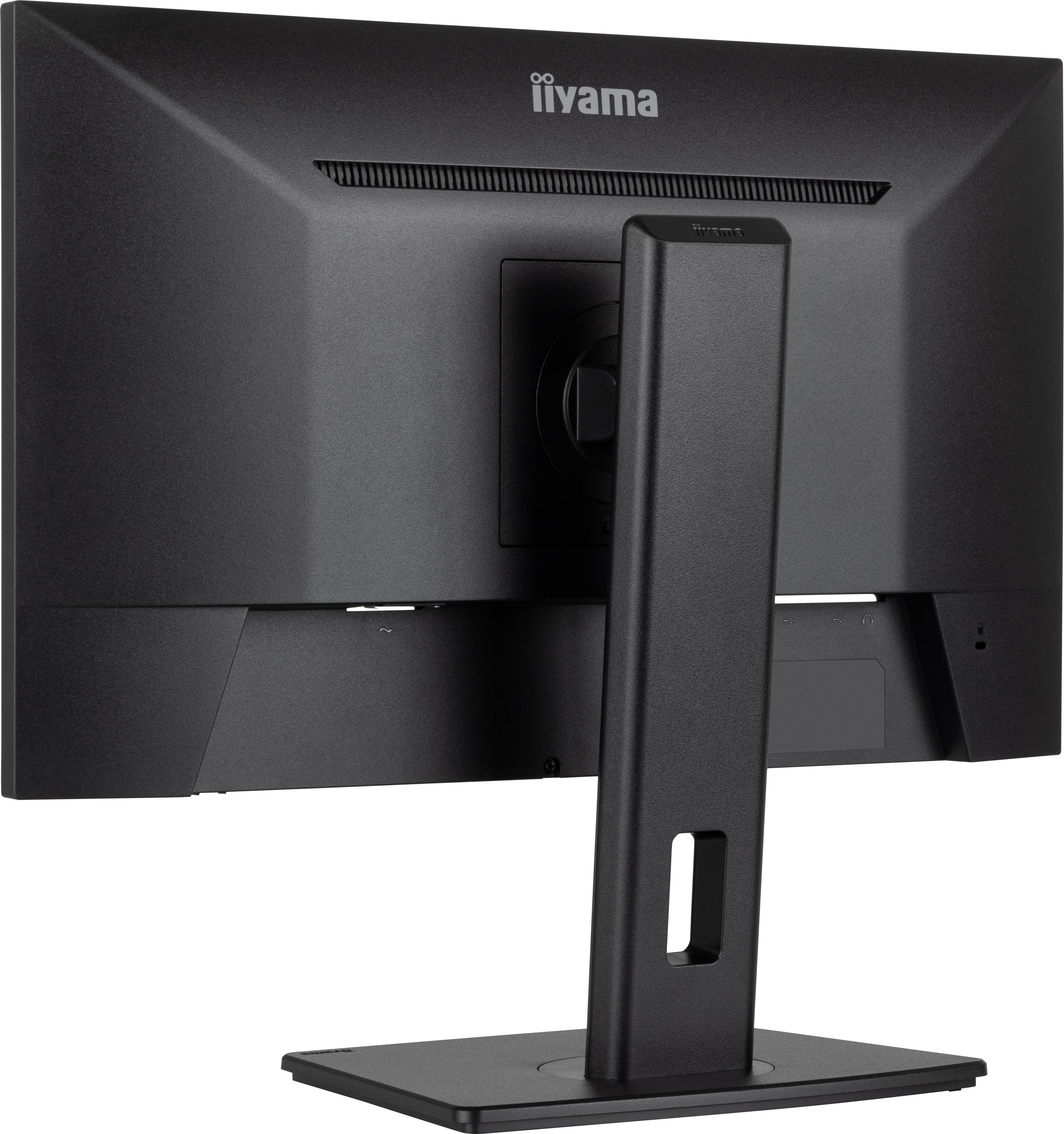 Ein schwarzer Computermonitor von hinten mit Ständer. Es zeigt Anschlüsse und einen Ständer.